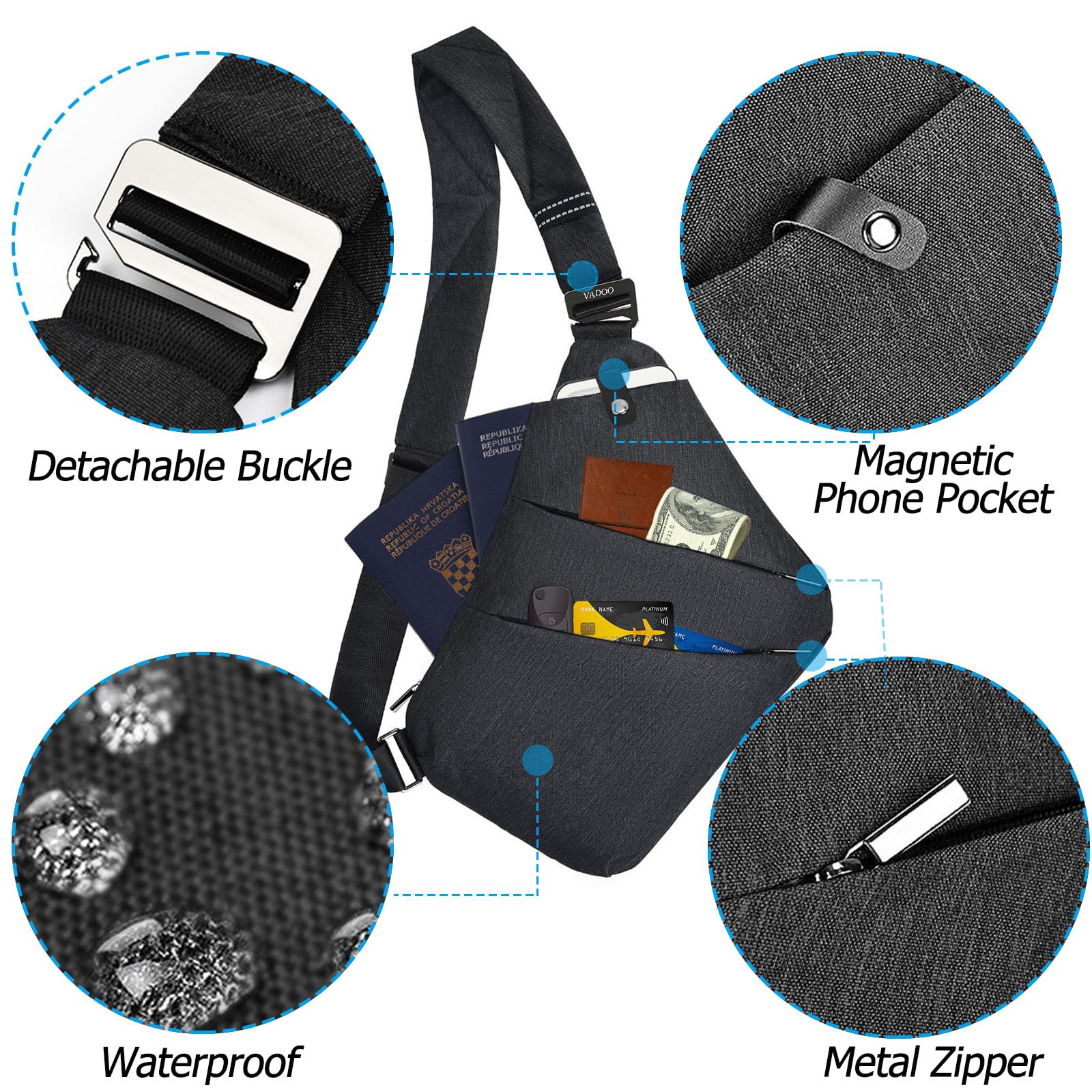Bolsa flexible personal, antirrobo para viajes, deporte, ligera, bandolera, bandolera izquierda, para mujeres y hombres