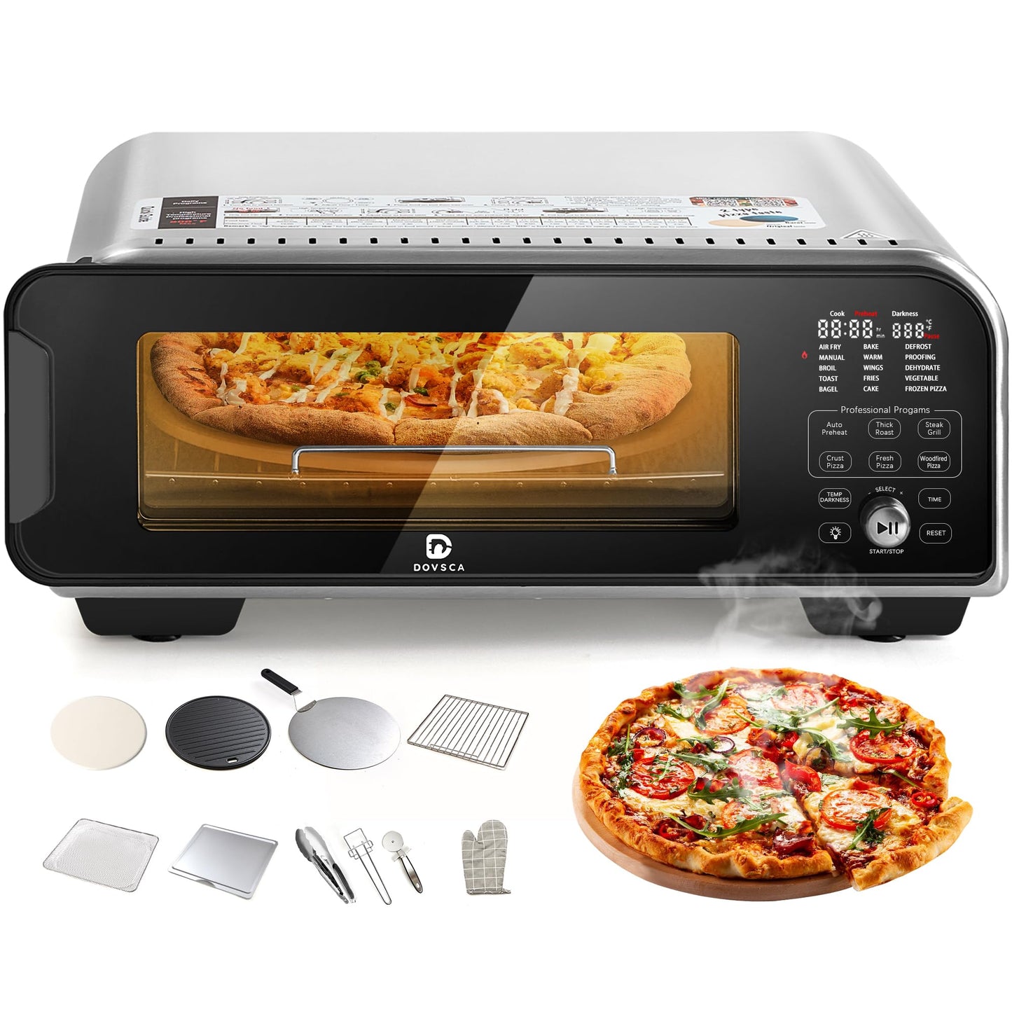 Horno eléctrico de pizza para interiores calienta hasta 1000 °F, hace pizzas de 12 pulgadas en minutos, horno de encimera con 15 funciones y 10 accesorios para múltiples funciones, acero inoxidable