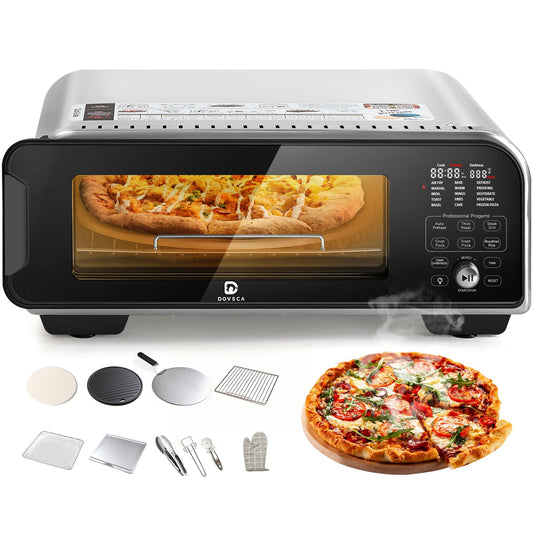 Horno eléctrico de pizza para interiores calienta hasta 1000 °F, hace pizzas de 12 pulgadas en minutos, horno de encimera con 15 funciones y 10 accesorios para múltiples funciones, acero inoxidable