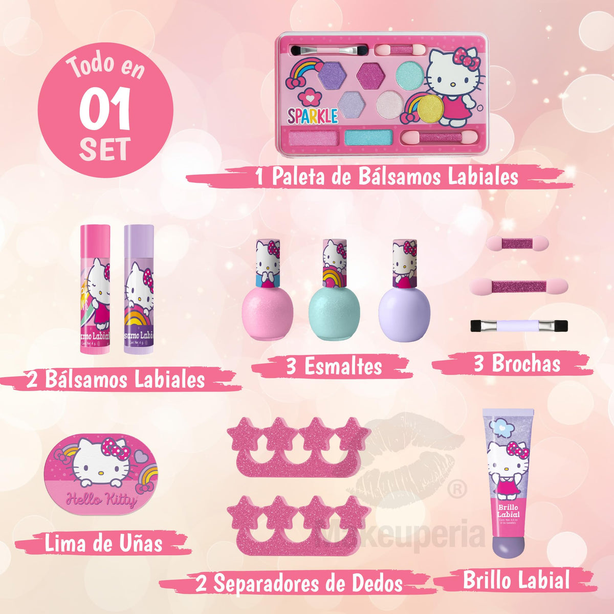 MAKEUPERIA Estuche de Maquillaje Infantil con Diseño Hello Kitty, Maletín Metálico con Espejo, Sombras, Brillos, Esmaltes, Lima, Separadores, Pinceles y Bandeja, Maquillaje Lavable y Seguro para Niñas