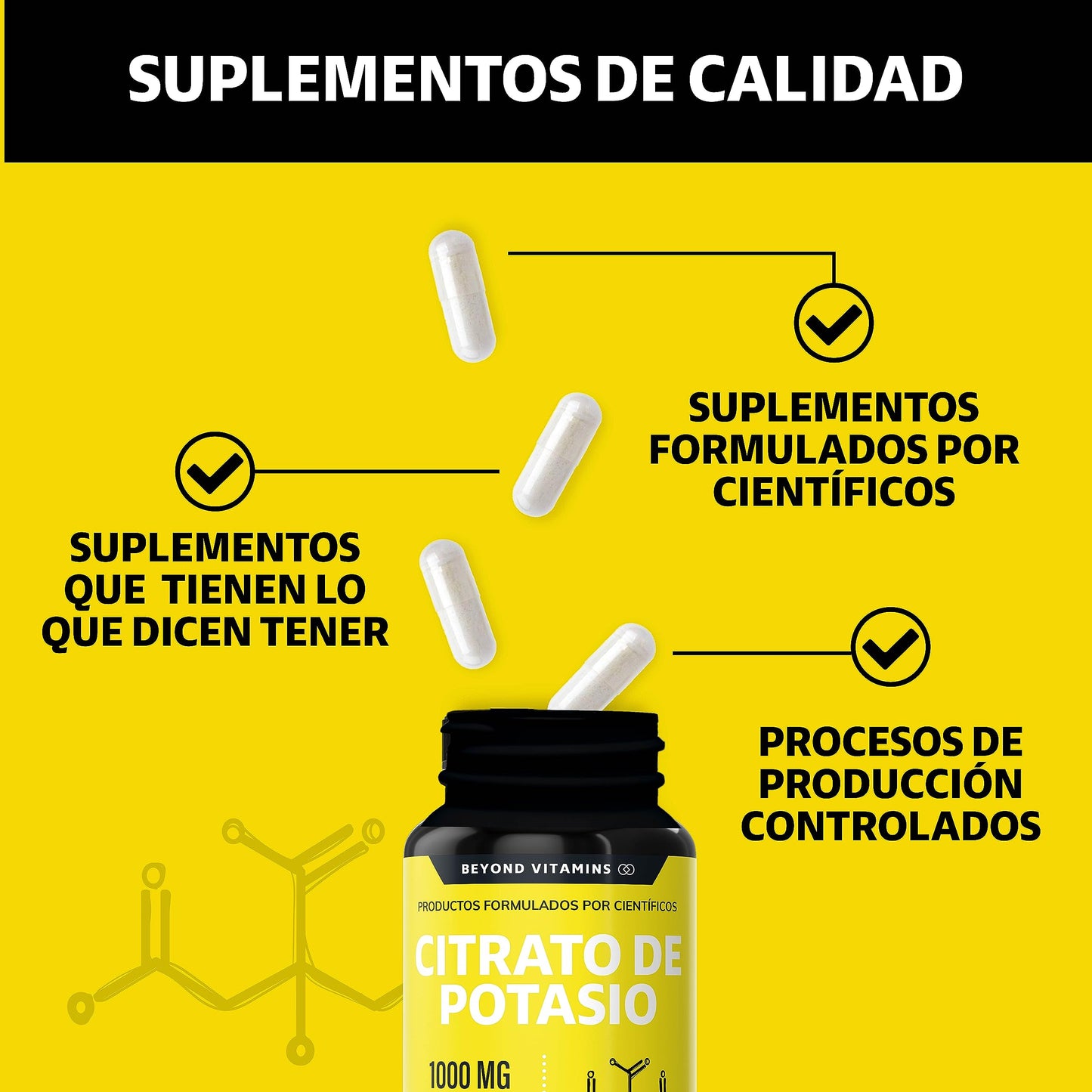 Citrato de Potasio 1000mg | Adicionados con Platano en Polvo, Curcuma y Semilla de uva | Cápsulas sin rellenos | Potassium Citrate-60 cápsulas