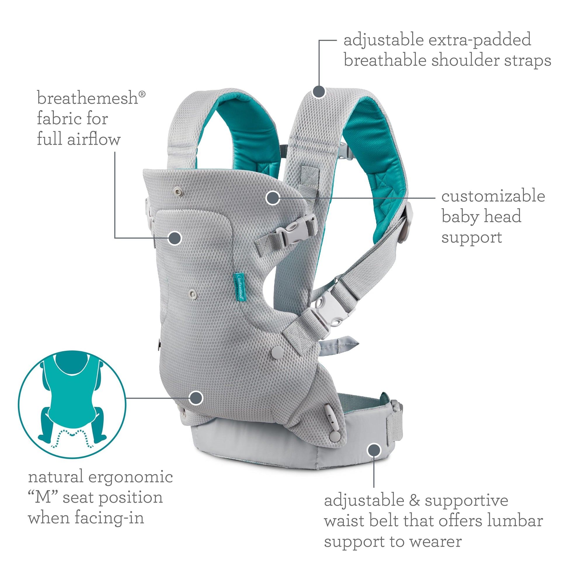 Infantino Flip 4-in-1 Light & Airy Convertible Carrier - Breathable, 4 Positions, Lumbar Support, Adjustable Waist Belt, Head Support, Ergonomic Seat, Adjustable Waistband, Plush Straps