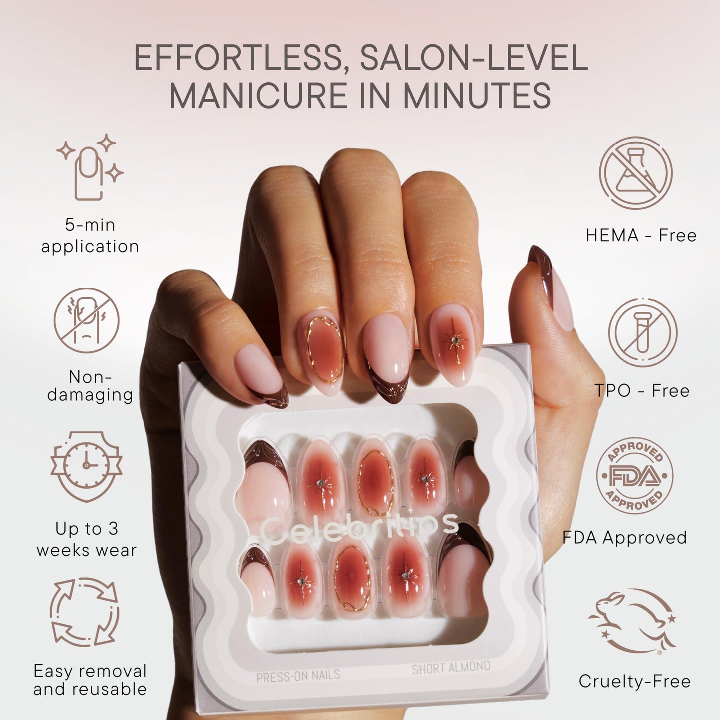 Celebritips Uñas Postizas Decorativas | Amber Muse, Uñas Cortas Almendradas, Reutilizables, Uñas De Otoño Con Calidad De Salón | 16 Tamaños - Kit De 32 Uñas Con Pegamento De Fijación Extra Fuerte Y Pe