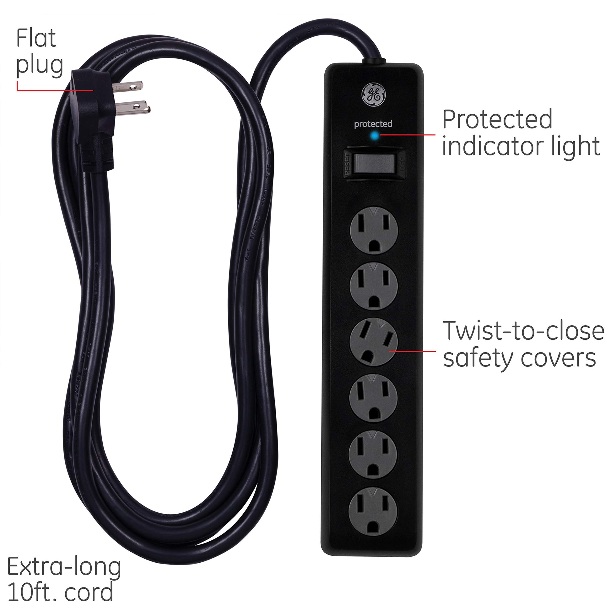 GE Tira Multicontactos De 6 Salidas Con Supresor De Picos Y Enchufe Plano, Cable De Extensión De 3.0 Metros (10 Pies), 600 Julios, Cubiertas De Seguridad Con Giro Para Cerrar, Negro, 1 Unidad, 37442