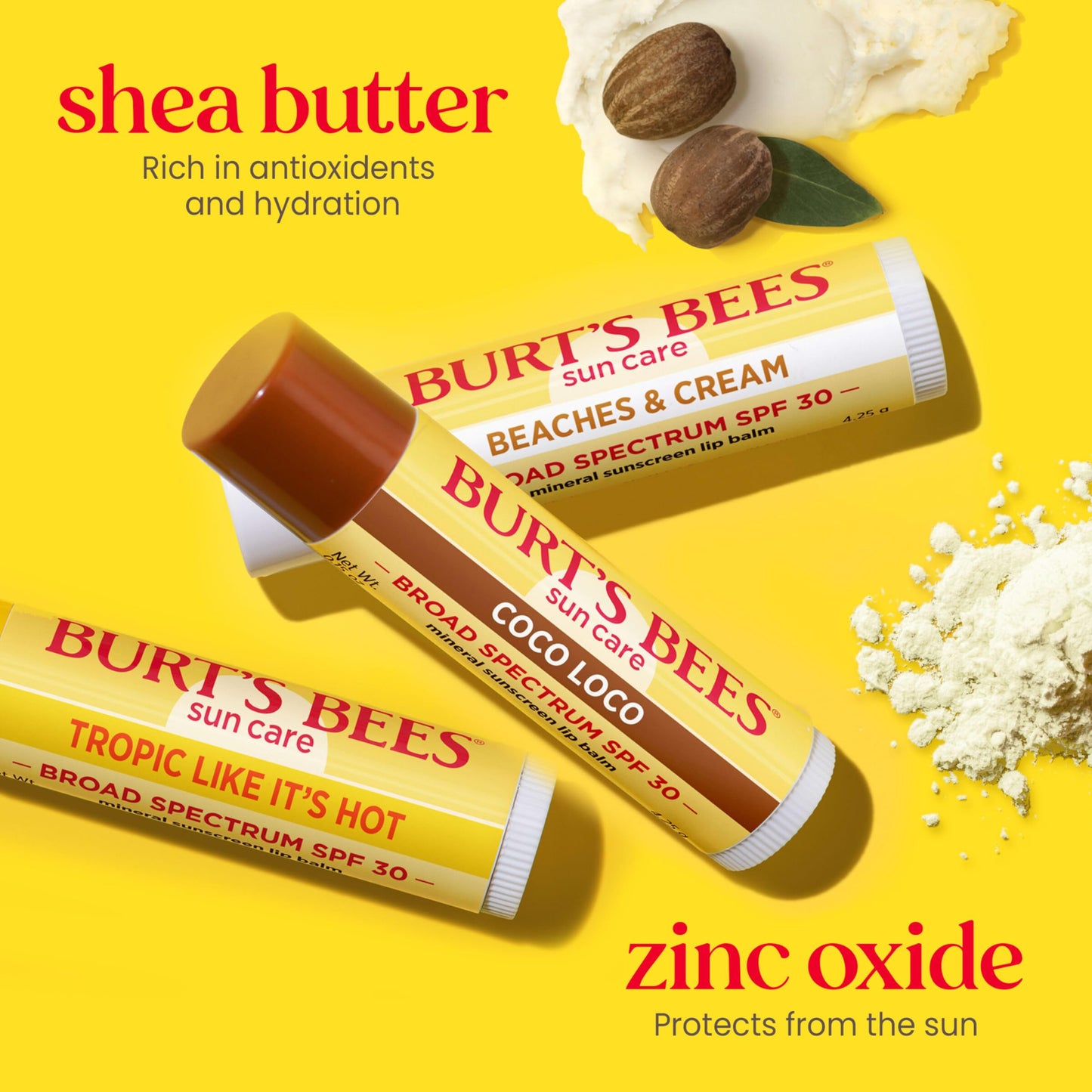 Burt's Bees Beaches and Cream Sun Care SPF 30 Lip Balm, Water-Resistant Lip Moisturizer, Nano-Free Zinc Oxide Formula, Natural Conditioning Lip Treatment, 3 Tubes, 0.15 oz