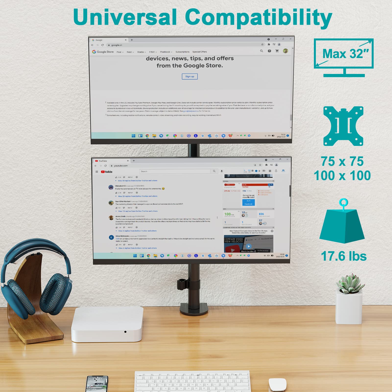 Soporte Vertical para Monitor Doble MOUNT PRO Ajustable y Giratorio para 2 Monitores de hasta 32 Pulgadas
