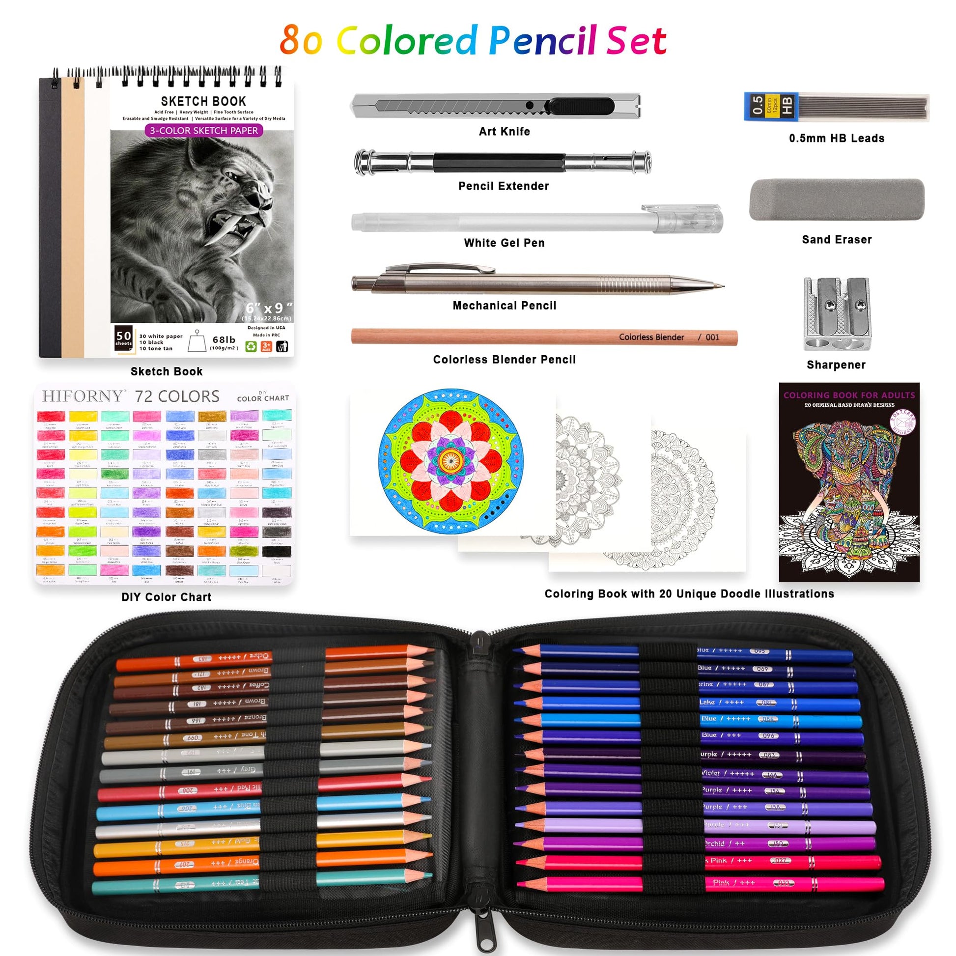 HIFORNY - Juego de 80 lápices de colores para adultos, 72 colores con extras, núcleo suave de artistas, lápices de dibujo, suministros de manualidades para adultos