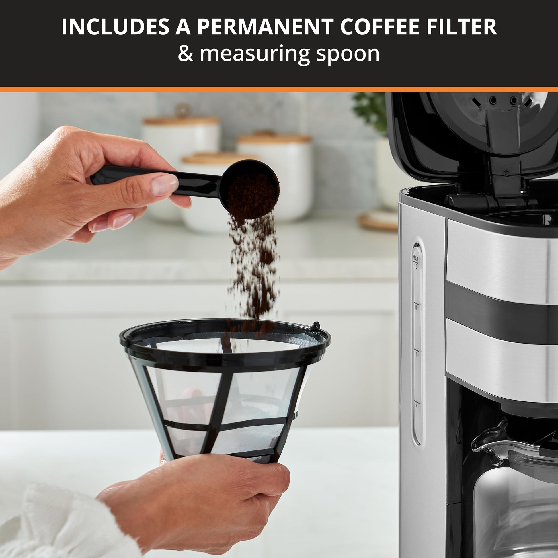 KRUPS Cafetera Simply Brew para 10 tazas de café con filtro permanente lavable con sistema antigoteo, función para mantener caliente el café. Incluye cuchara dosificadora KM205D50