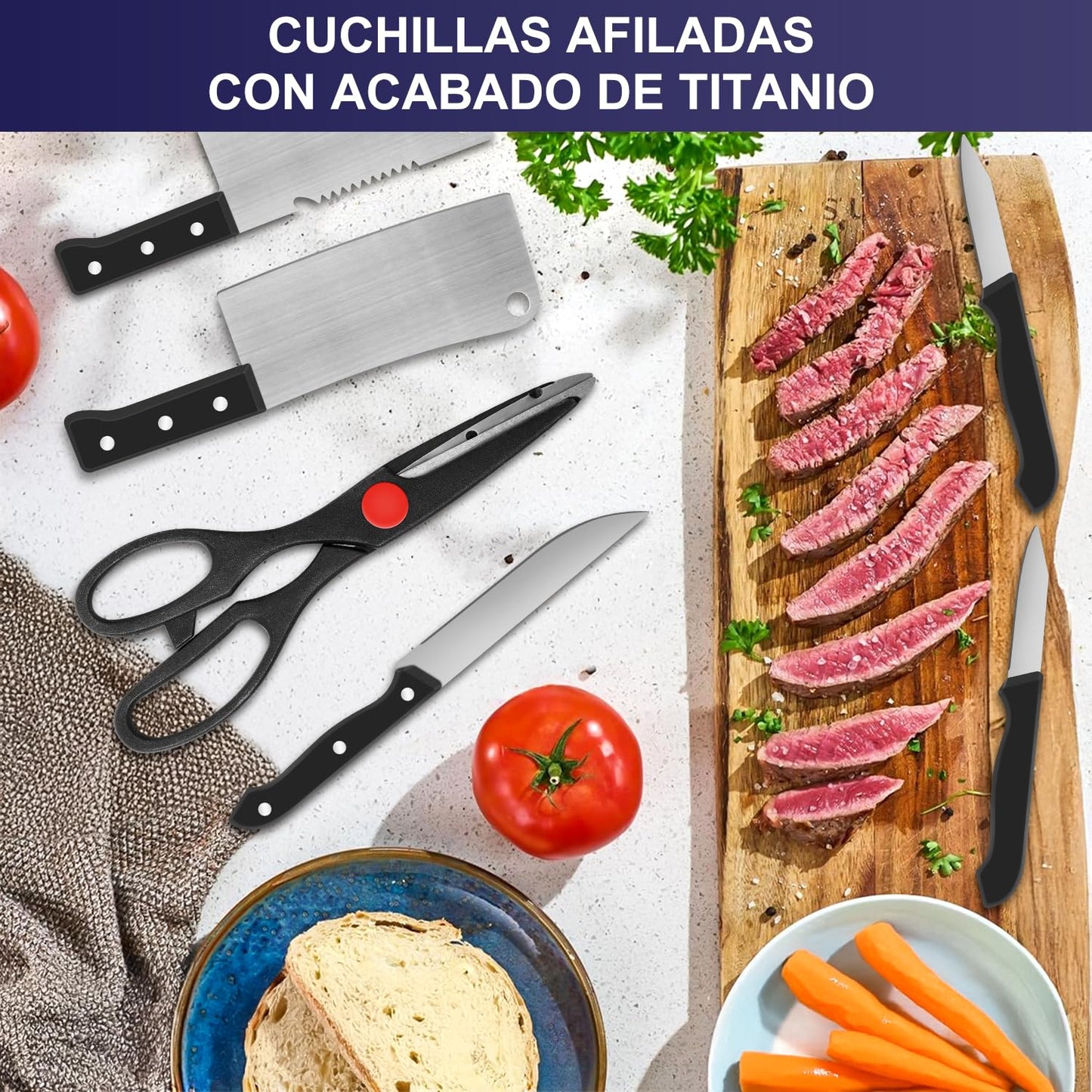 LINGLUCKY Sartenes Antiadherentes con Tapa,Bateria de Cocina, Juego de ollas y sarten 23 Piezas con Sartén, Cazos,Ollas,Cuchillos y Espátula,Juego de Utensilios de Cocina de Color,Negro