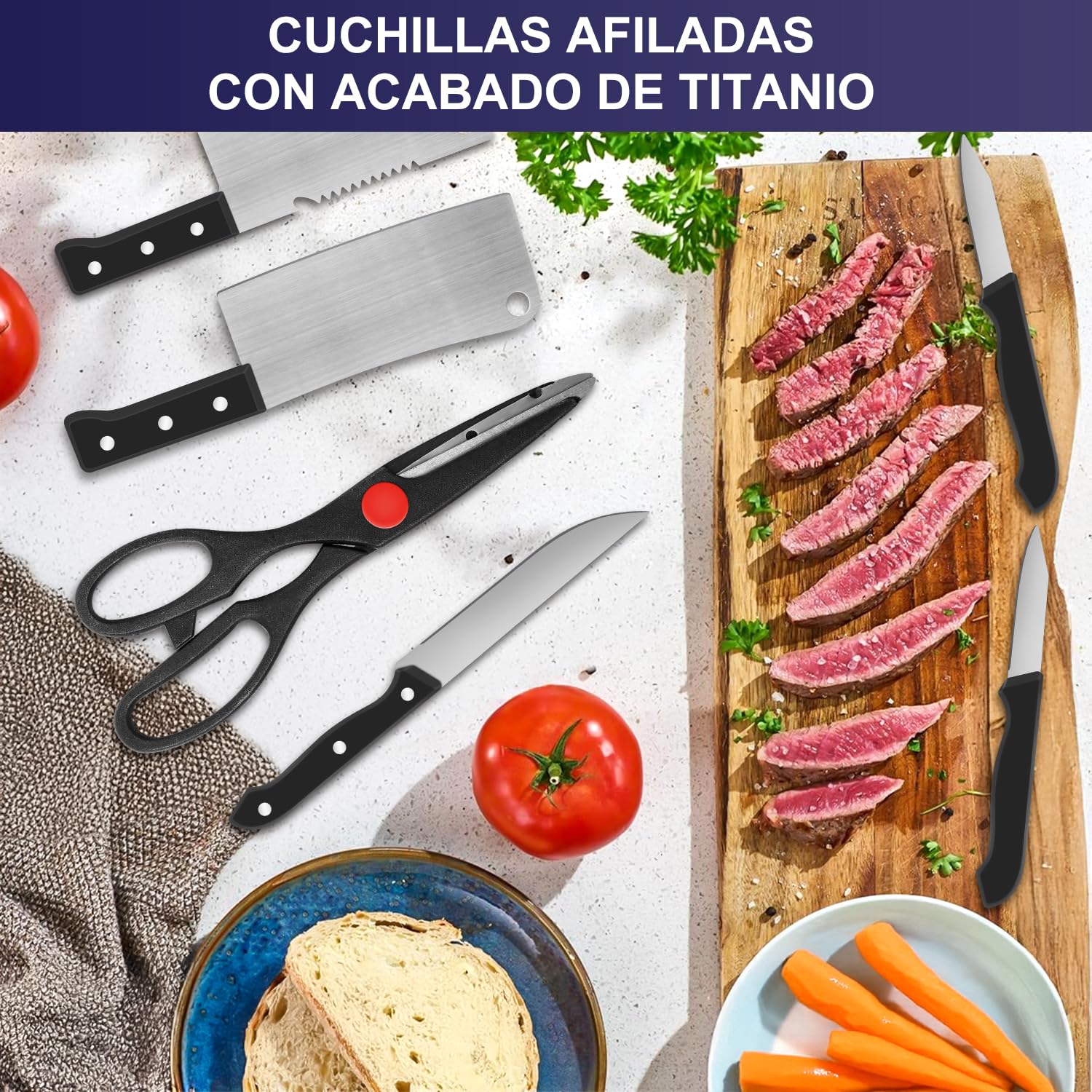 LINGLUCKY Sartenes Antiadherentes con Tapa,Bateria de Cocina, Juego de ollas y sarten 23 Piezas con Sartén, Cazos,Ollas,Cuchillos y Espátula,Juego de Utensilios de Cocina de Color,Negro