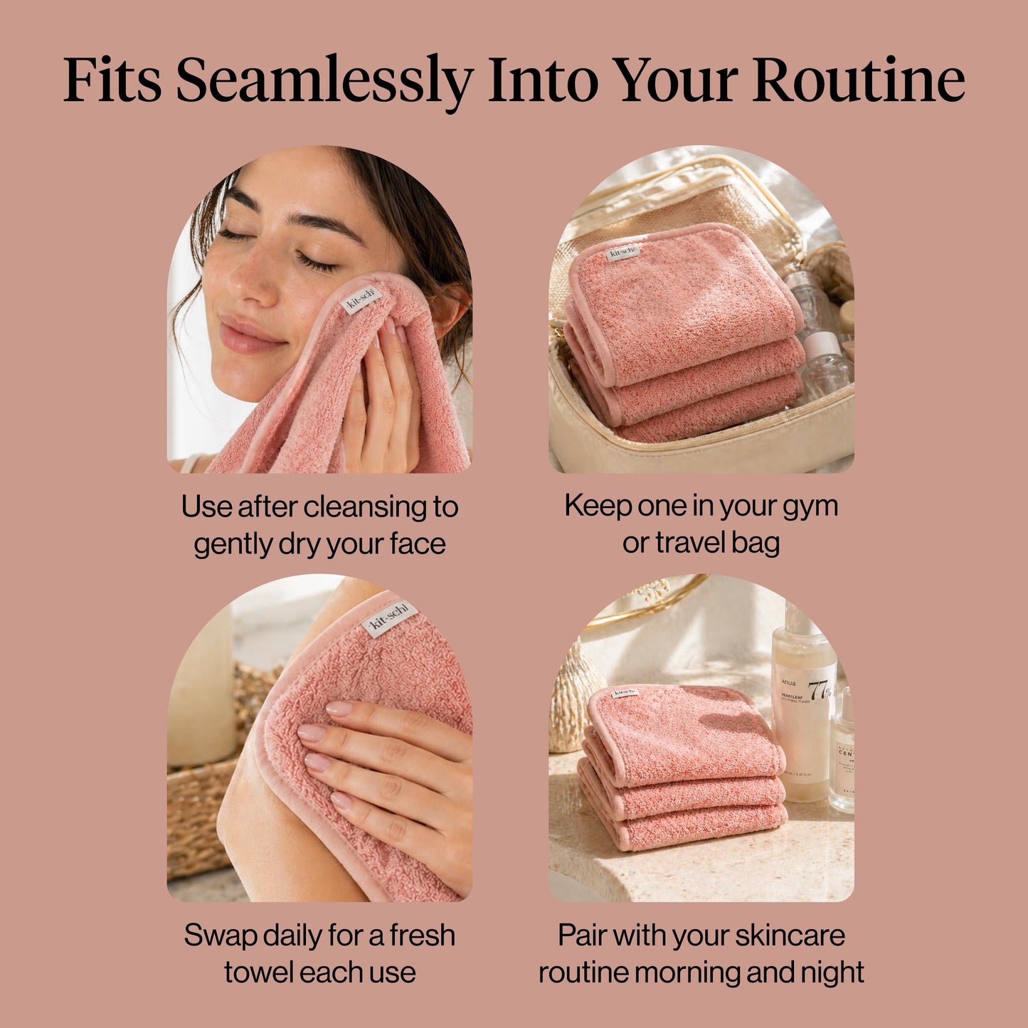 Kitsch Juego de 3 toallas faciales de microfibra – Toallas reutilizables y limpias para la rotación diaria, toalla facial suave, alternativa de toallitas faciales de limpieza suave, paños súper