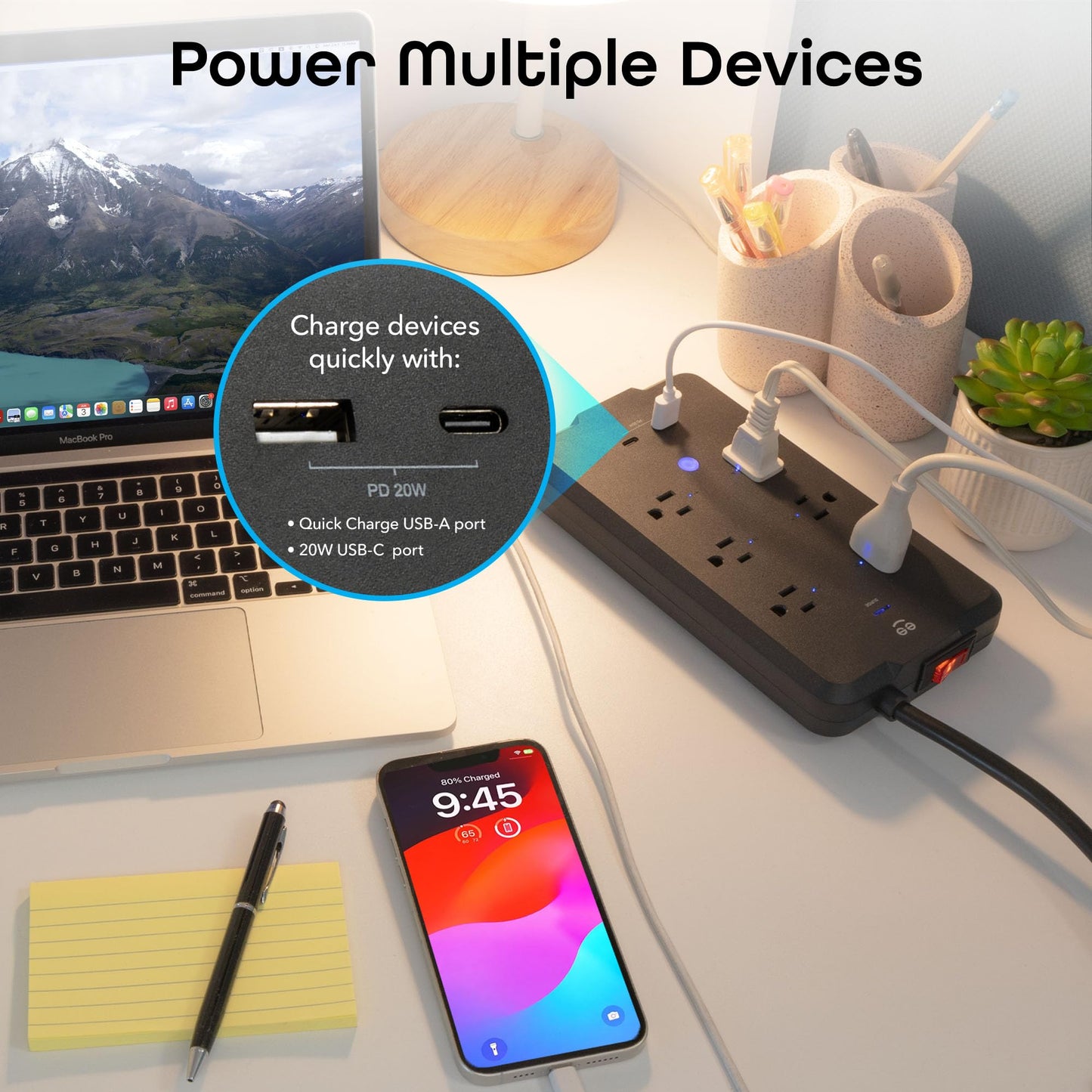 Geeni Surge Smart Power Strip, 6 tomacorrientes con 2 puertos USB, protección contra sobretensiones 12000J, monitoreo de energía, control de voz compatible con Alexa y Google Assistant, control remoto
