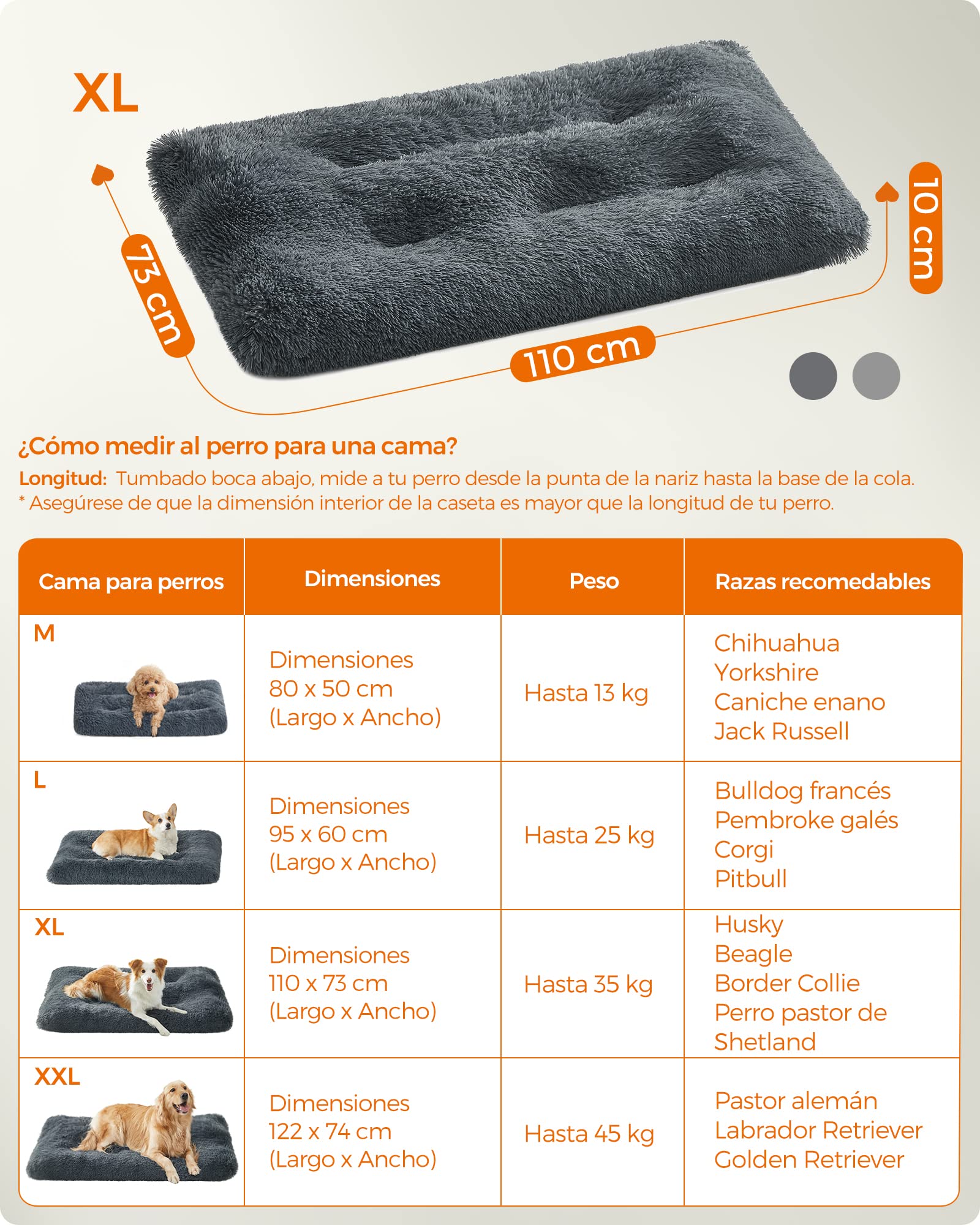 Feandrea Cama para Perros, Sofá para Mascotas, 110 x 73 cm, Lavable a Máquina, con Cojín, Gris Oscuro MPGW203G02