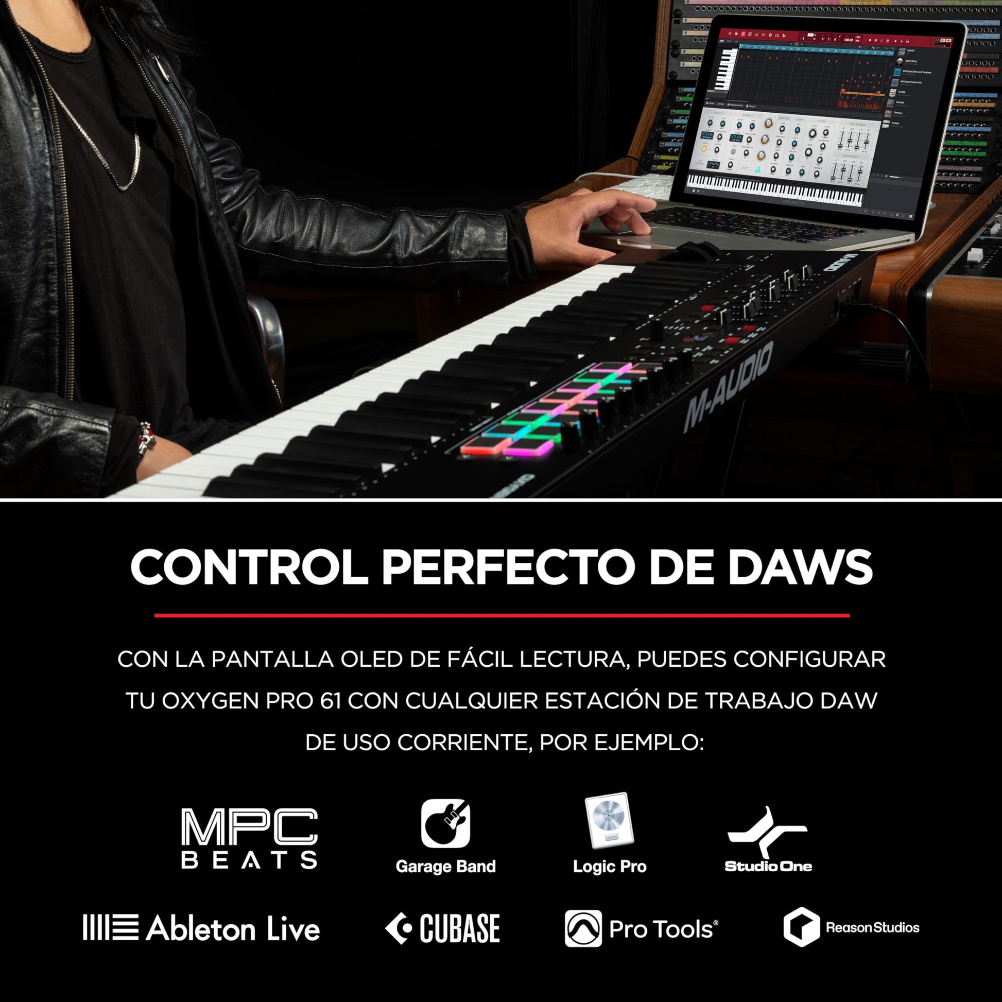 M-Audio Oxygen Pro 61 - Teclado controlador MIDI USB de 61 teclas con beat pads, knobs, botones y atenuadores asignables y pack de software