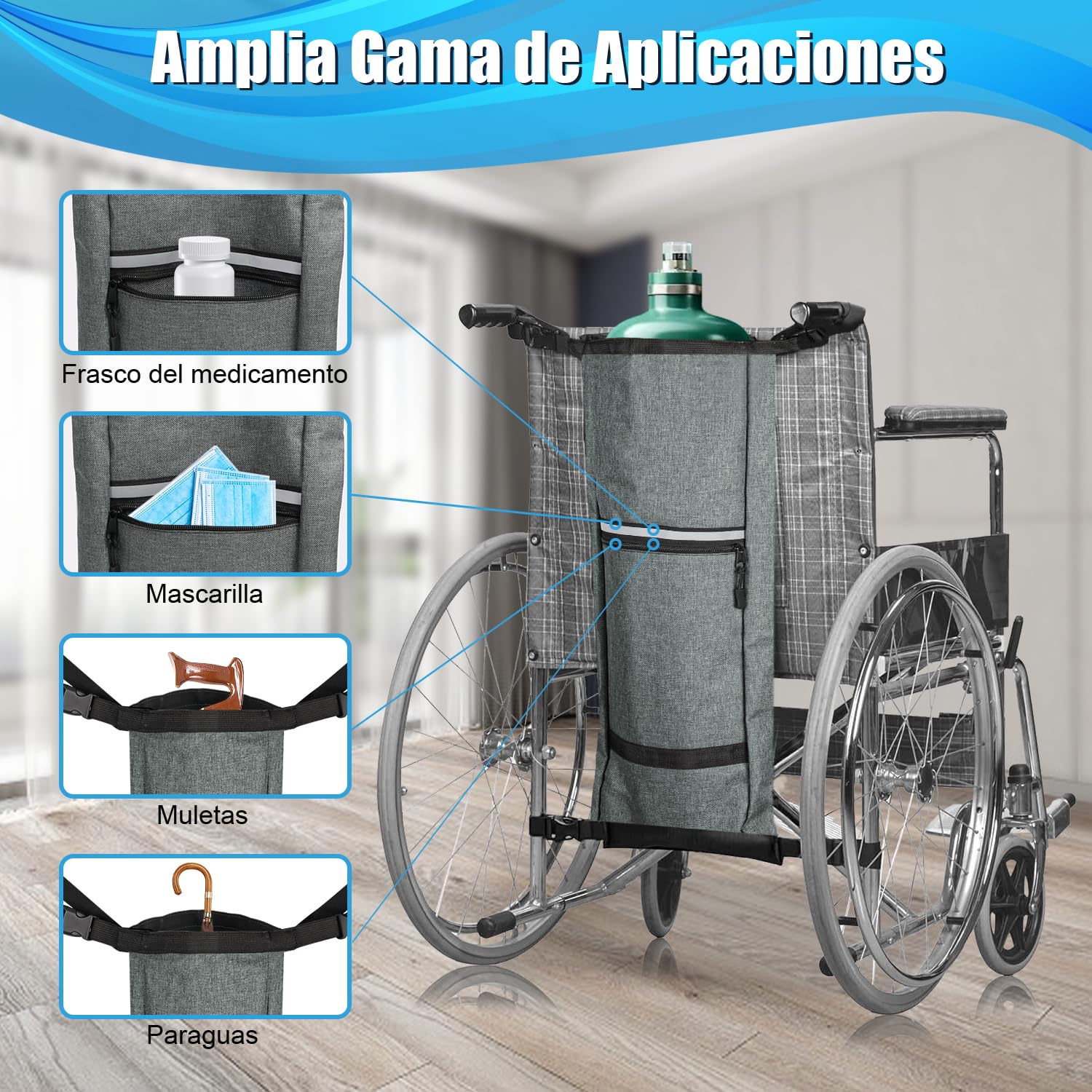Bulaned Bolsa Portátil para Tanque de Oxígeno, Bolsa Cilíndrica de Oxígeno, Soporte para Tanque de Oxígeno para Silla de Ruedas con Hebillas, Bolsa Cilíndrica Ajustable, Bolsa para Tanque de Oxígeno