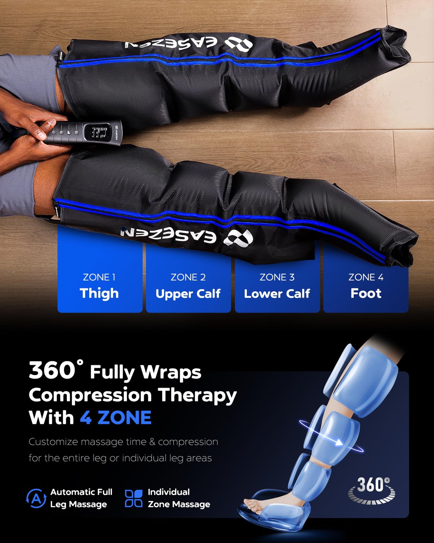 EaseZen Masajeador de Piernas para la Circulación y el Alivio del Dolor, Sistema de Terapia de Compresión de Aire para una Recuperación Rápida, Botas de Masaje de Pies y Piernas Completas para la Fatiga, con 6 Modos, 3 Intensidades y 3 Temporizadores, Reg
