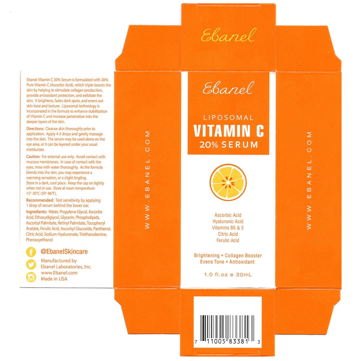 Ebanel 20% Vitamin C Face Serum with Hyaluronic Acid,1oz Max Strength Anti-Aging Anti-Wrinkle Ascorbic Acid Facial Serum Antioxidant with Collagen for Dark Spot,Fine Line,Skin Brightening and Firming
