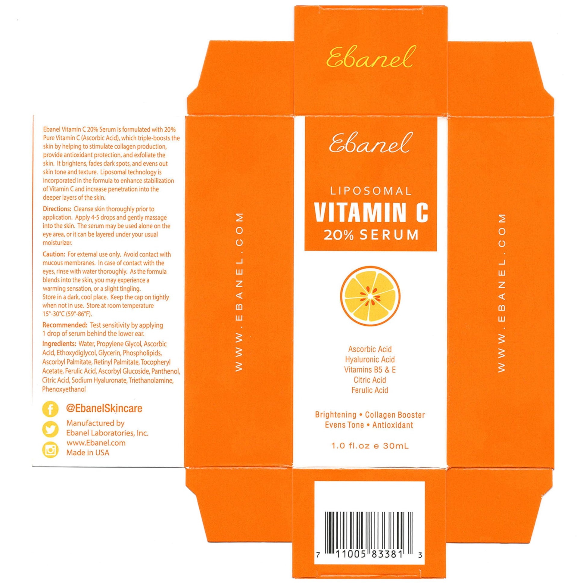 Ebanel 20% Vitamin C Face Serum with Hyaluronic Acid,1oz Max Strength Anti-Aging Anti-Wrinkle Ascorbic Acid Facial Serum Antioxidant with Collagen for Dark Spot,Fine Line,Skin Brightening and Firming