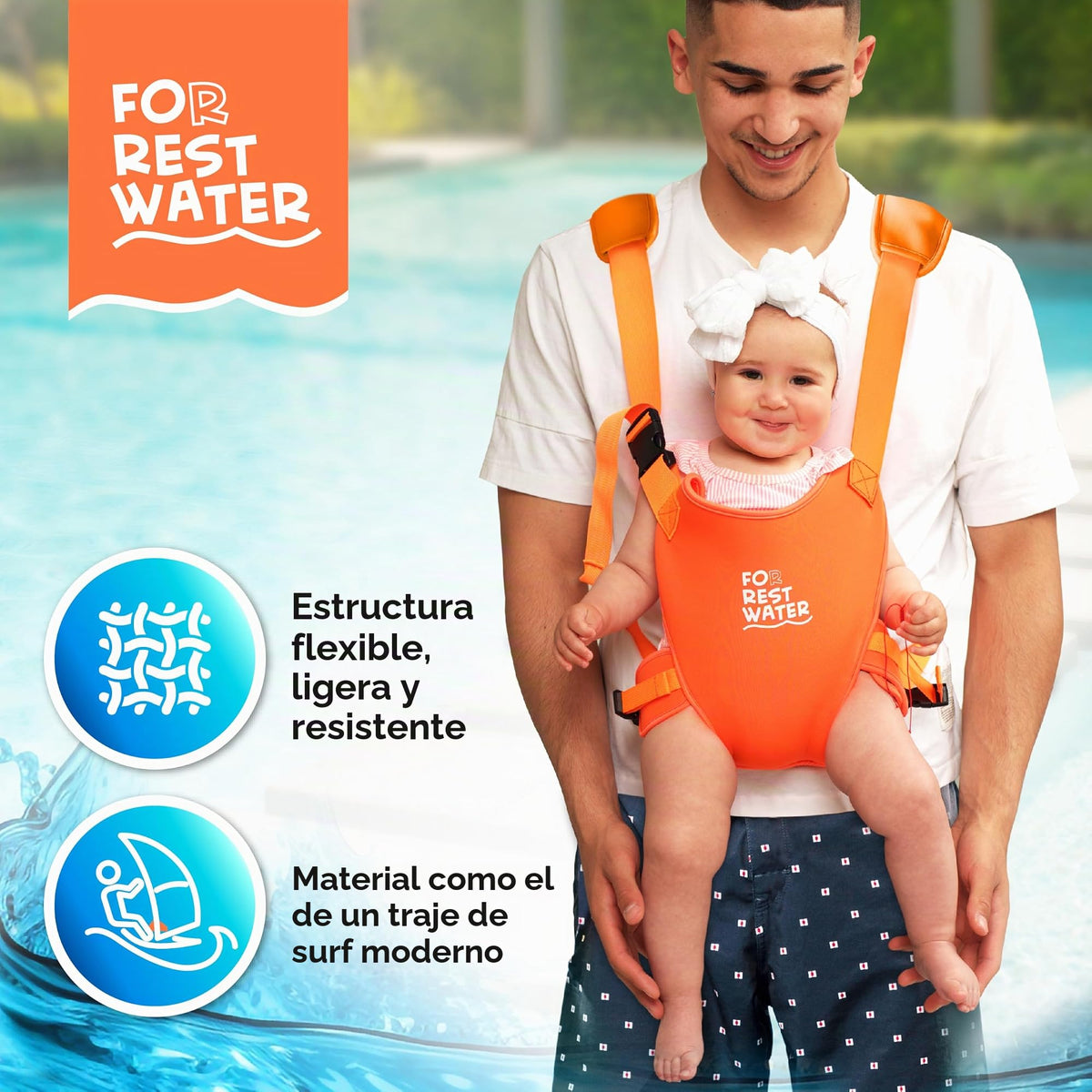 Portabebés para agua de descanso – Eslinga ergonómica de neopreno de alta calidad para diversión en agua y tierra cálida y segura (4-24 meses) – Arnés ajustable para bebés y niños pequeños (Orange)
