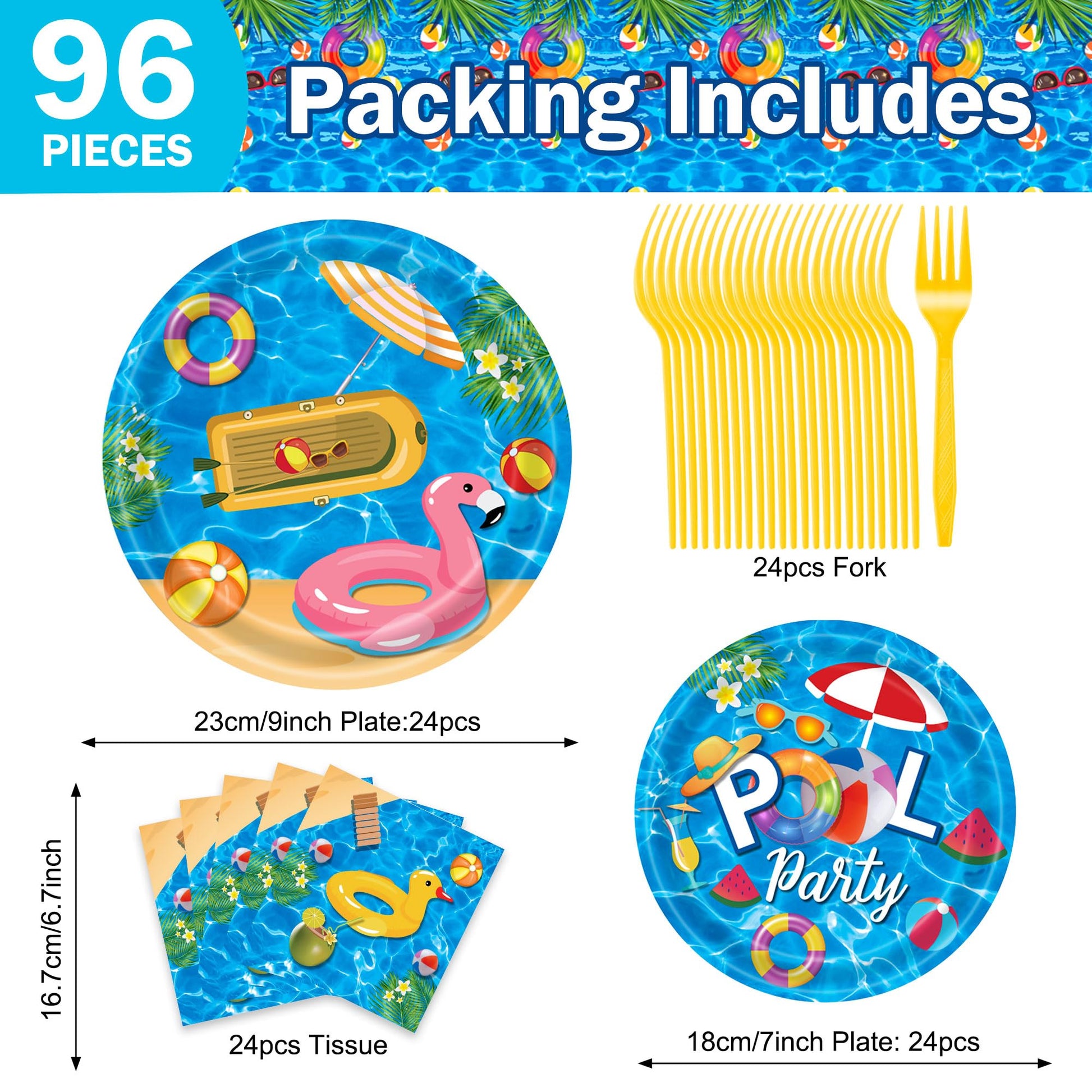 Decoraciones para fiestas en la piscina, 96 piezas de suministros para fiestas en la piscina, platos de papel para fiestas de verano, decoraciones de fiesta de cumpleaños, decoraciones de fiesta