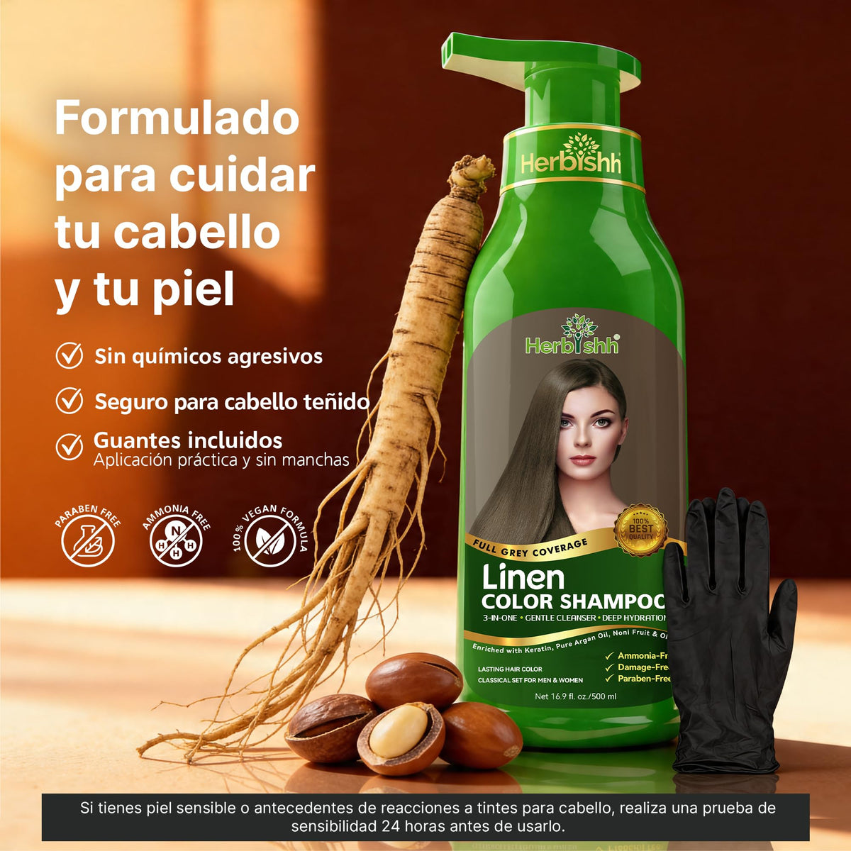 Herbishh - Champú para teñir el cabello gris, champú con tinte natural para el cabello, colorea el cabello en minutos, dura hasta 3 a 4 semanas, 500 ml, tinte de cabello 3 en 1, sin amoniaco | (lino)