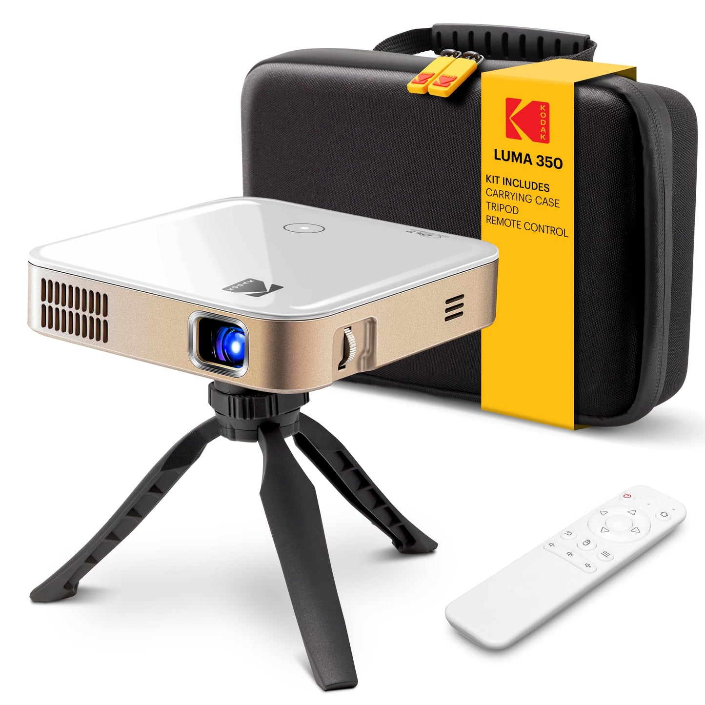 KODAK Luma 350 - Mini proyector de bolsillo inteligente con trípode y funda EVA | sistema operativo Android, soporte 4K, Wi-Fi, Bluetooth, batería recargable para películas, presentaciones, enseñanza