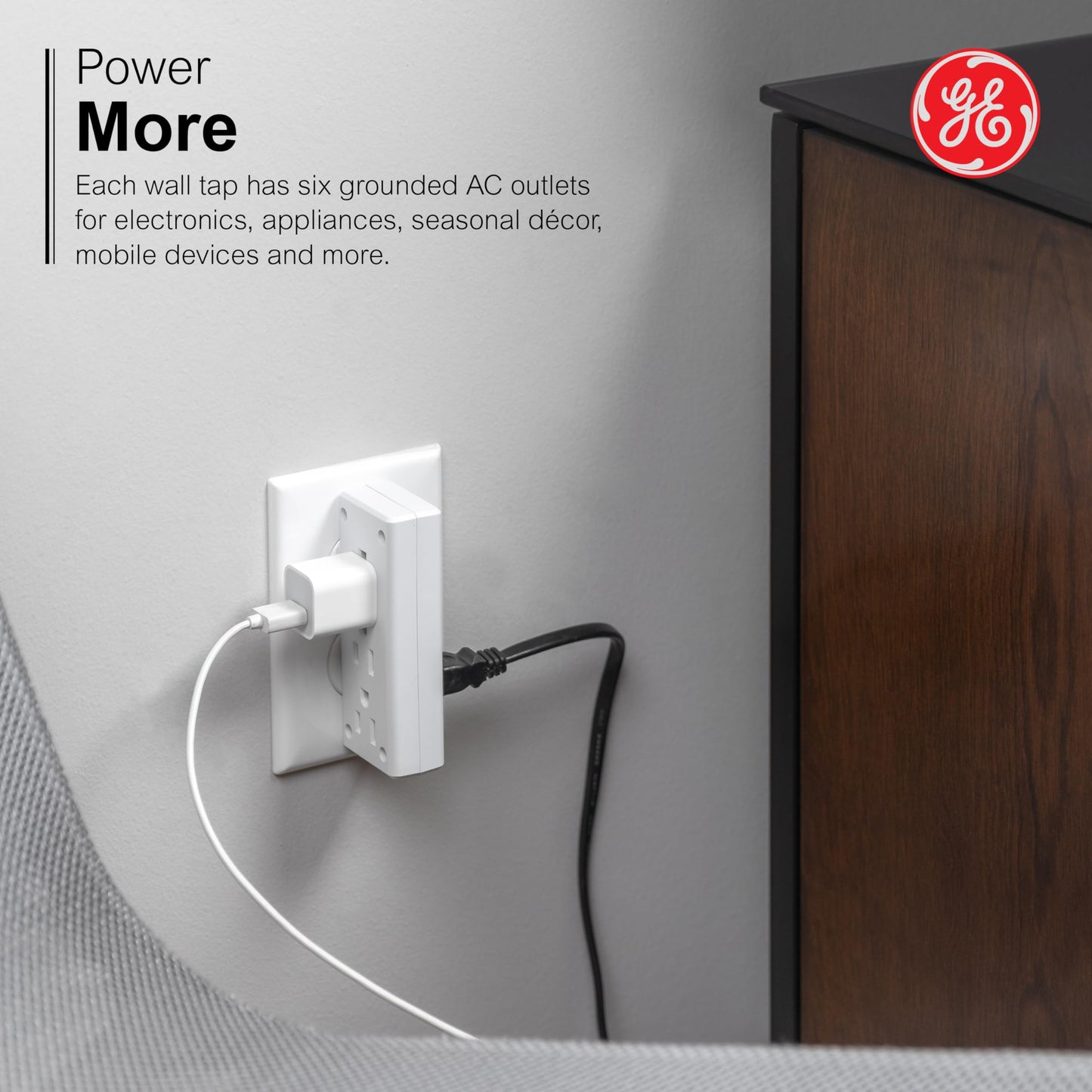 GE home electrical Extensor de 6 salidas con acceso lateral, llave de pared, gira 2 salidas en 6, 3 puntas, clasificación interior, listado UL, blanco, 54543
