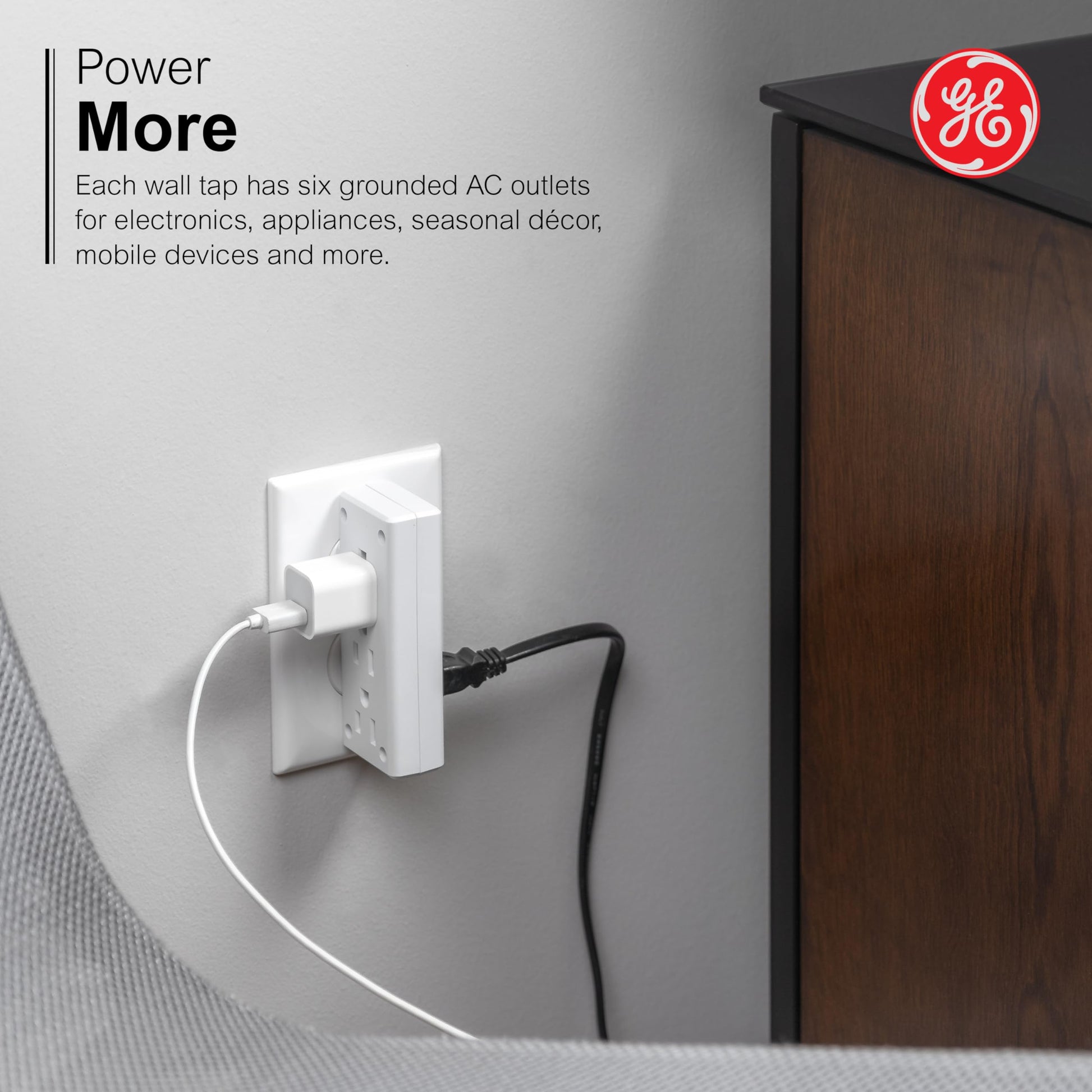 GE home electrical Extensor de 6 salidas con acceso lateral, llave de pared, gira 2 salidas en 6, 3 puntas, clasificación interior, listado UL, blanco, 54543