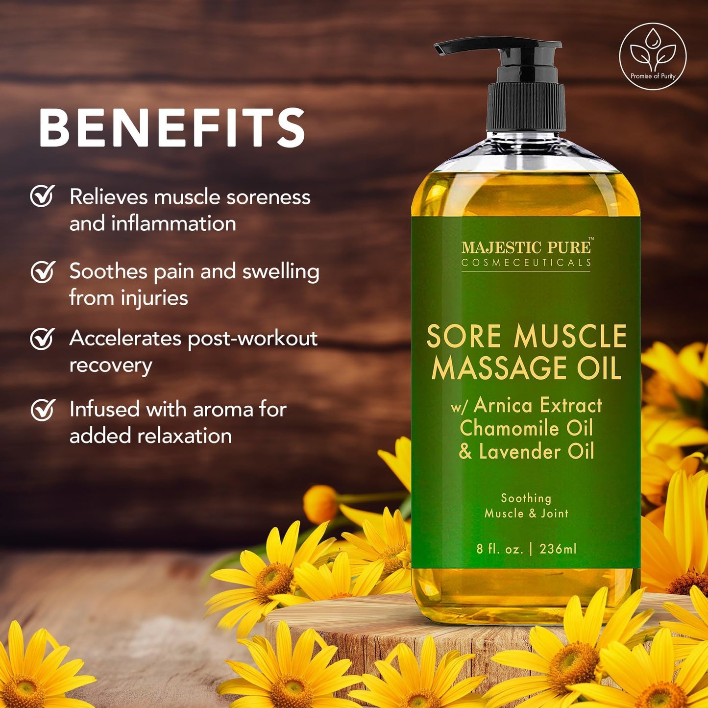MAJESTIC PURE Aceite de masaje muscular Arnica Sore para articulaciones y músculos por Majestic Pure – Alivia el dolor, los músculos cansados, nutritivo e hidratante, 8 onzas líquidas. Oz, Paquete individual