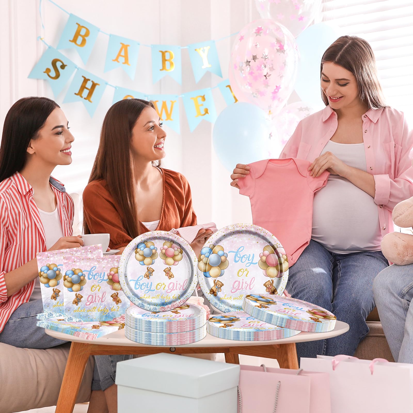 Decoración de revelación de género de oso - Vajilla de revelación de género de oso rosa y azul, suministros de servilletas, platos y servilletas para decoración de baby shower para 20 invitados