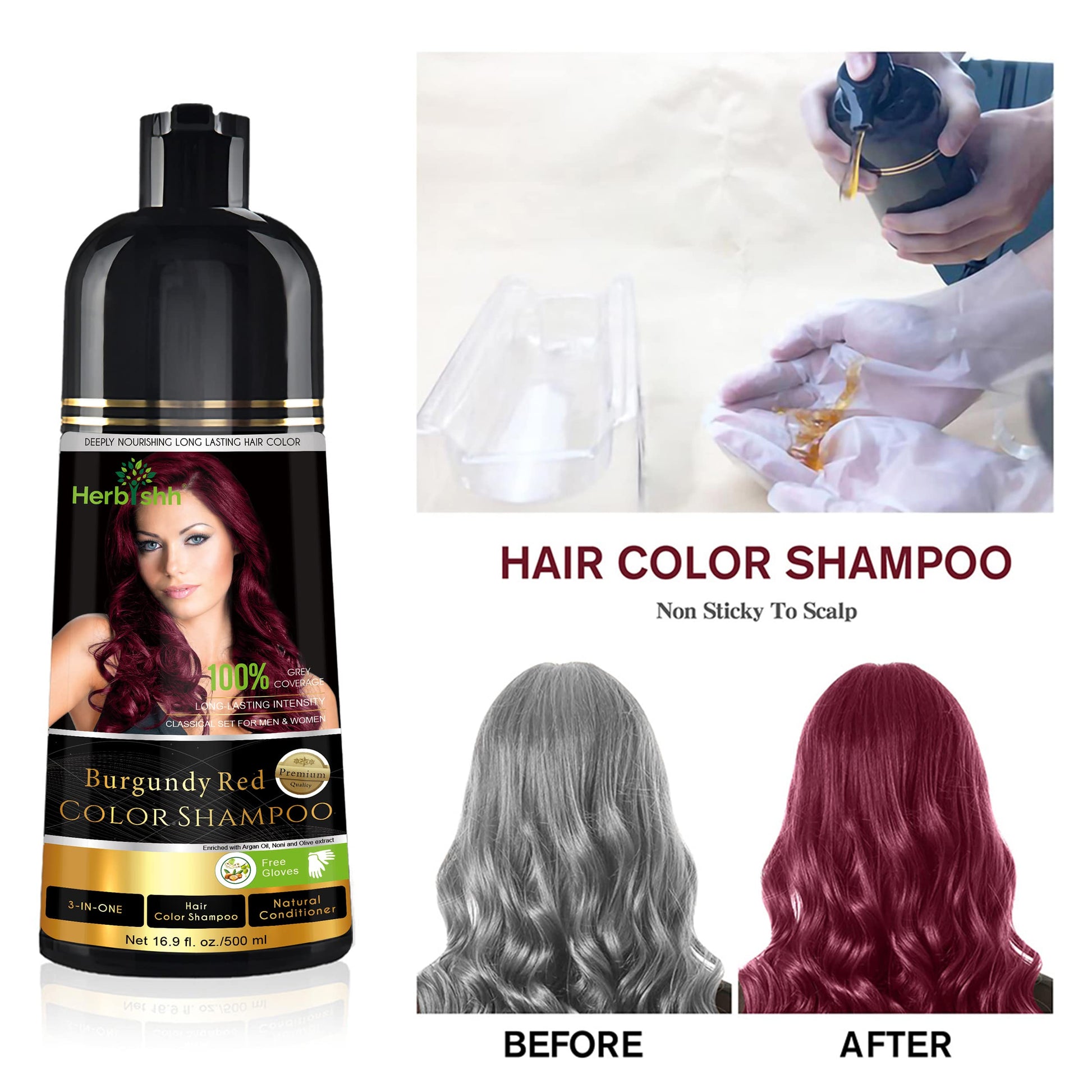 Herbishh - Champú colorante para cabello gris, champú con tinte natural para el cabello, colorea el cabello en minutos, dura hasta de 3 a 4 semanas, 500 ml, tinte de cabello 3 en 1, sin amoniaco | (Borgoña)