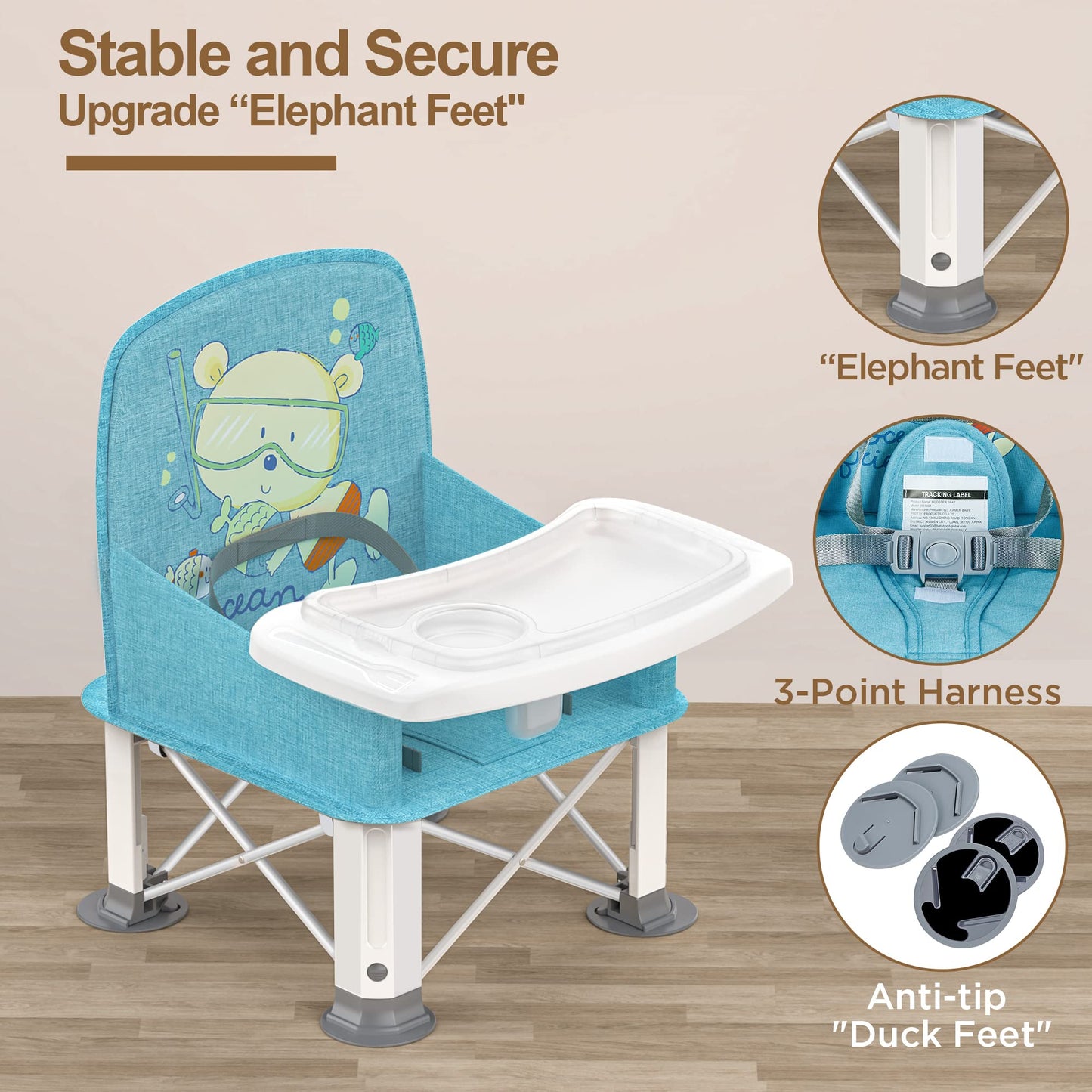 BabyBond - Asiento elevador de viaje para bebé con doble bandeja, silla de bebé portátil mejorada, asiento elevador para mesa de comedor, silla de bebé estable y plegable para interiores y exteriores