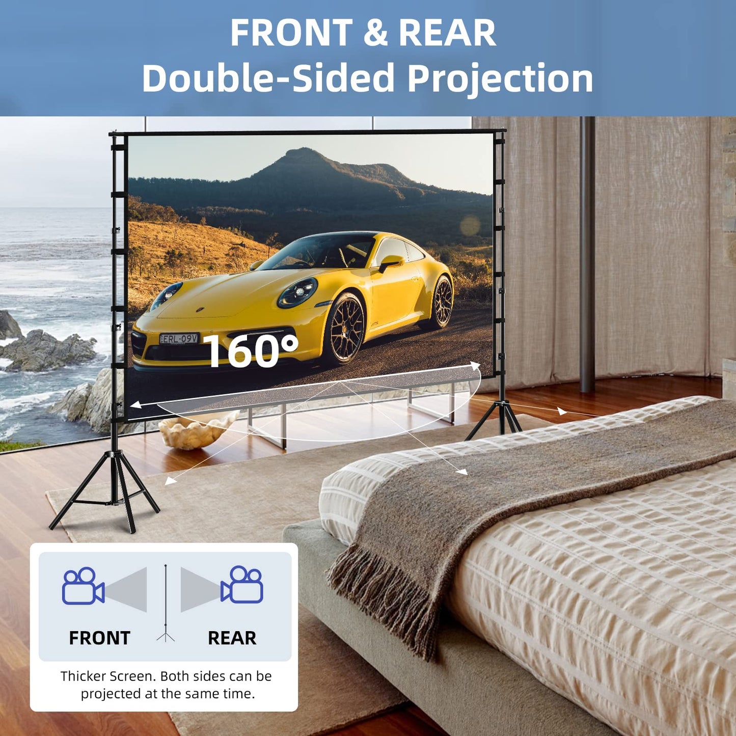 TOWOND - Pantalla de proyección y soporte, pantalla de proyección de 120 pulgadas para exteriores, pantalla de película portátil 16:9 4K HD delantera trasera con diseño sin arrugas y bolsa de