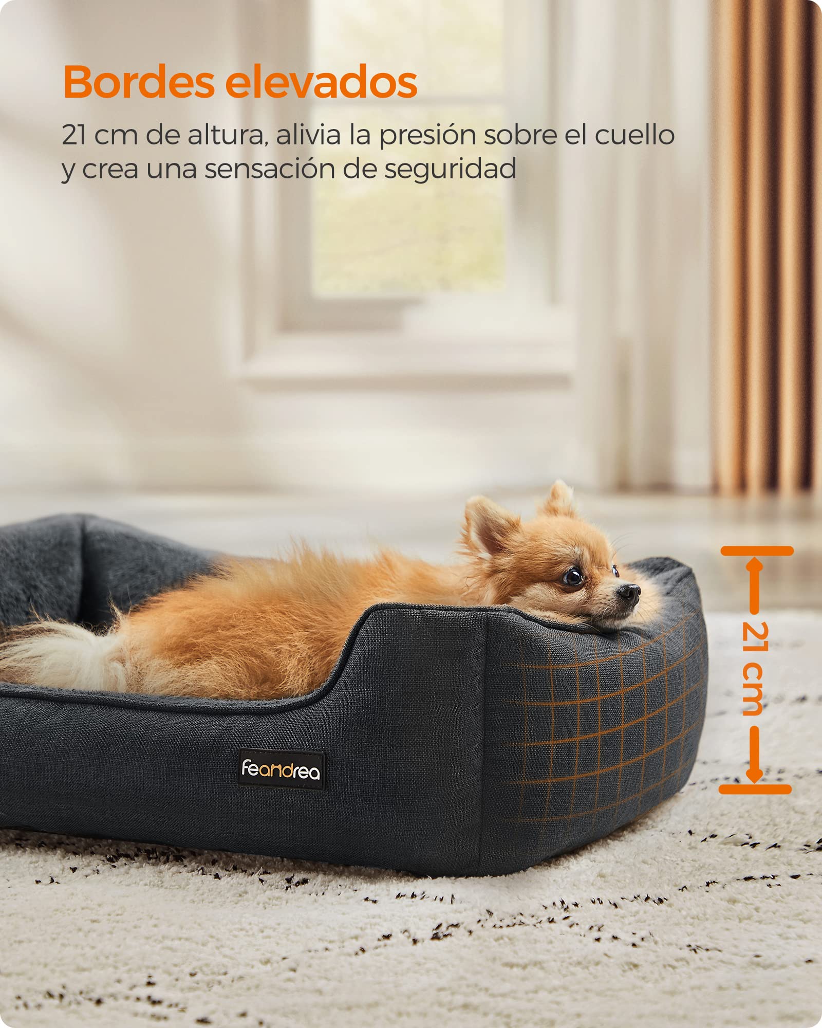 Feandrea Cama para Perros, Sofá para Mascotas, 70 x 55 x 21 cm, Bordes Elevados, M, para Perros Pequeños, Gris Oscuro MPGW010G01