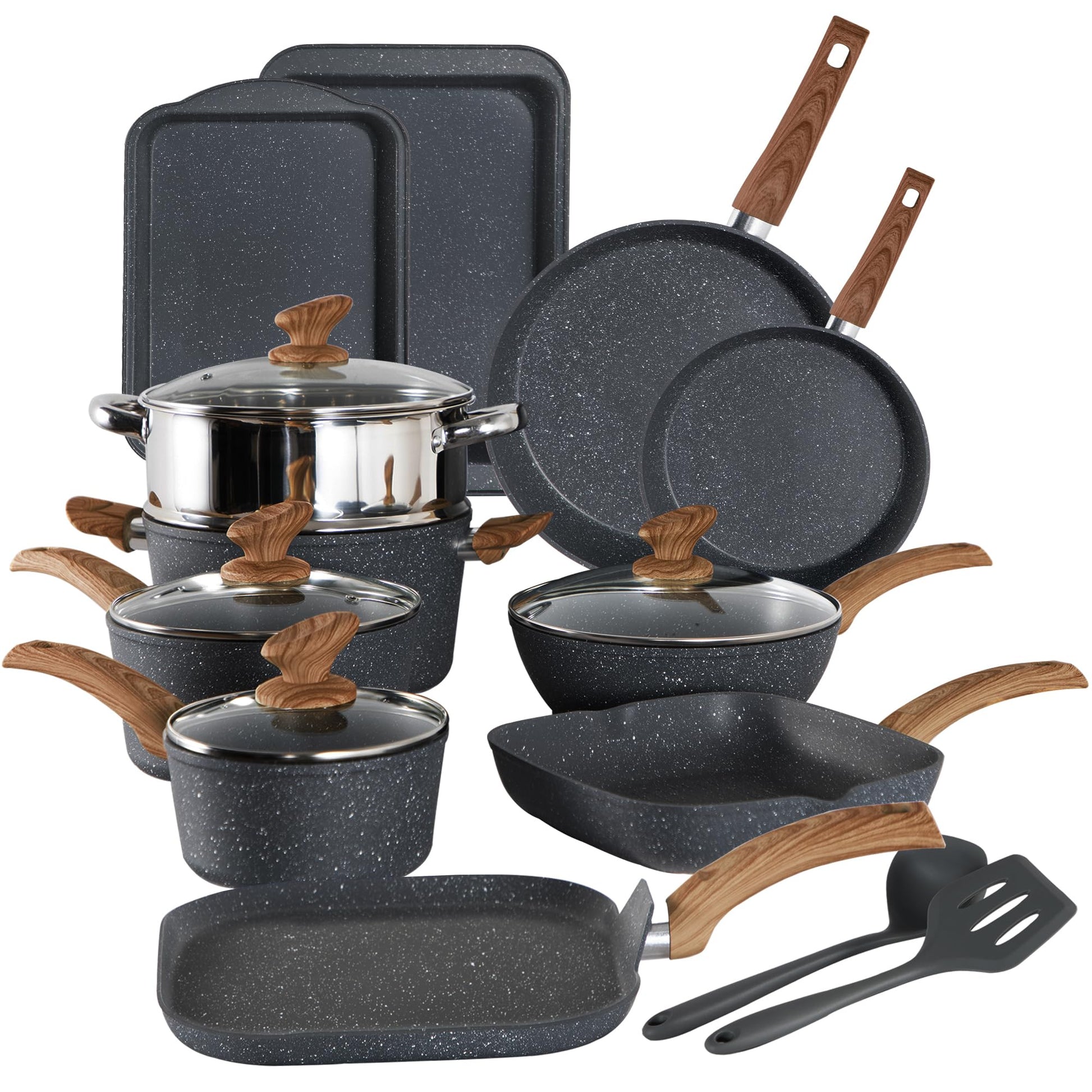 KITCHEN ACADEMY BETTER LIVING THROUGH COOKING PERFECTION Juego de utensilios de cocina de inducción, 17 piezas, antiadherentes, juego de ollas y sartenes de granito negro