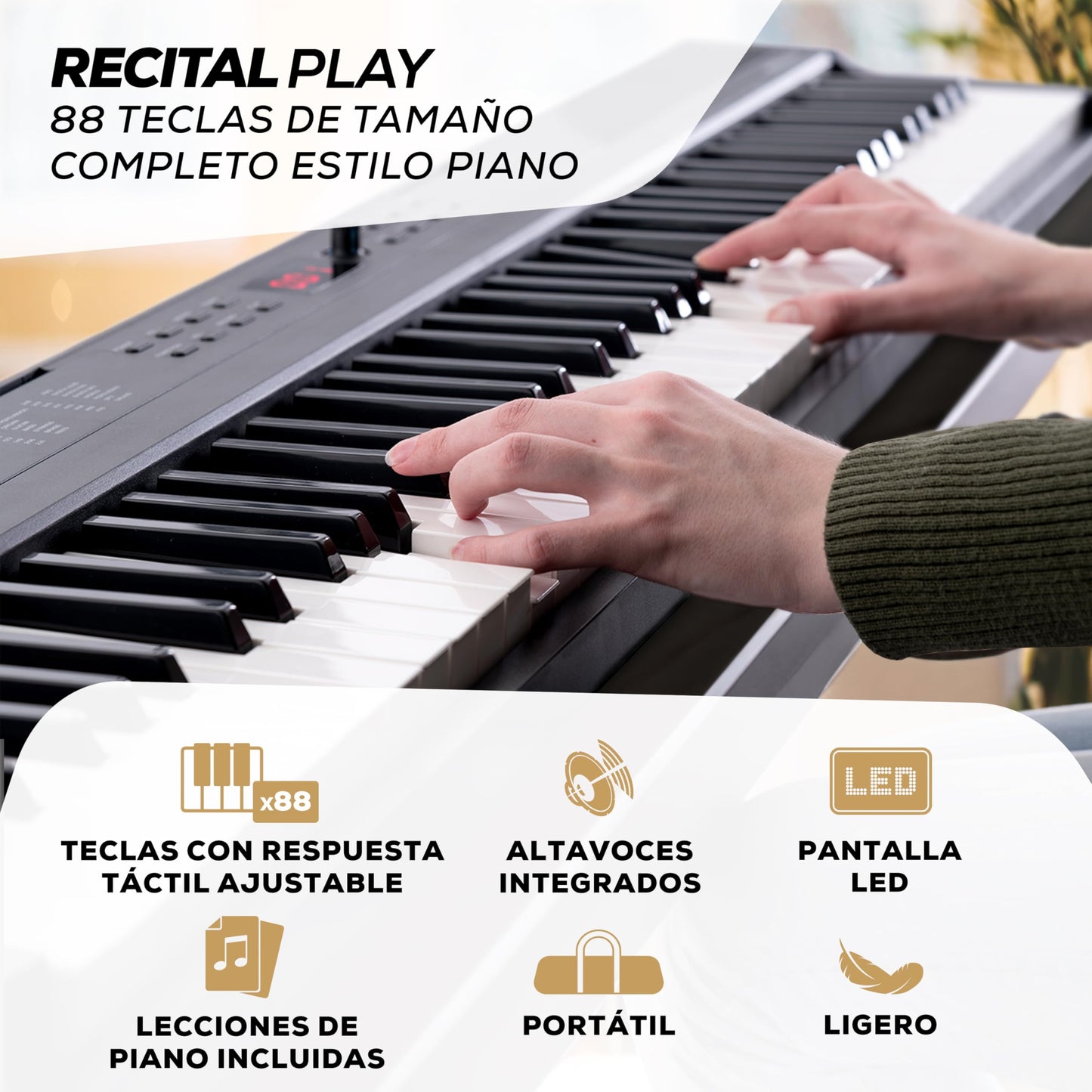 Alesis Teclado piano con 88 teclas y 480 sonidos, altavoces, MIDI USB, atril, adaptador de corriente y lecciones de piano para principiantes