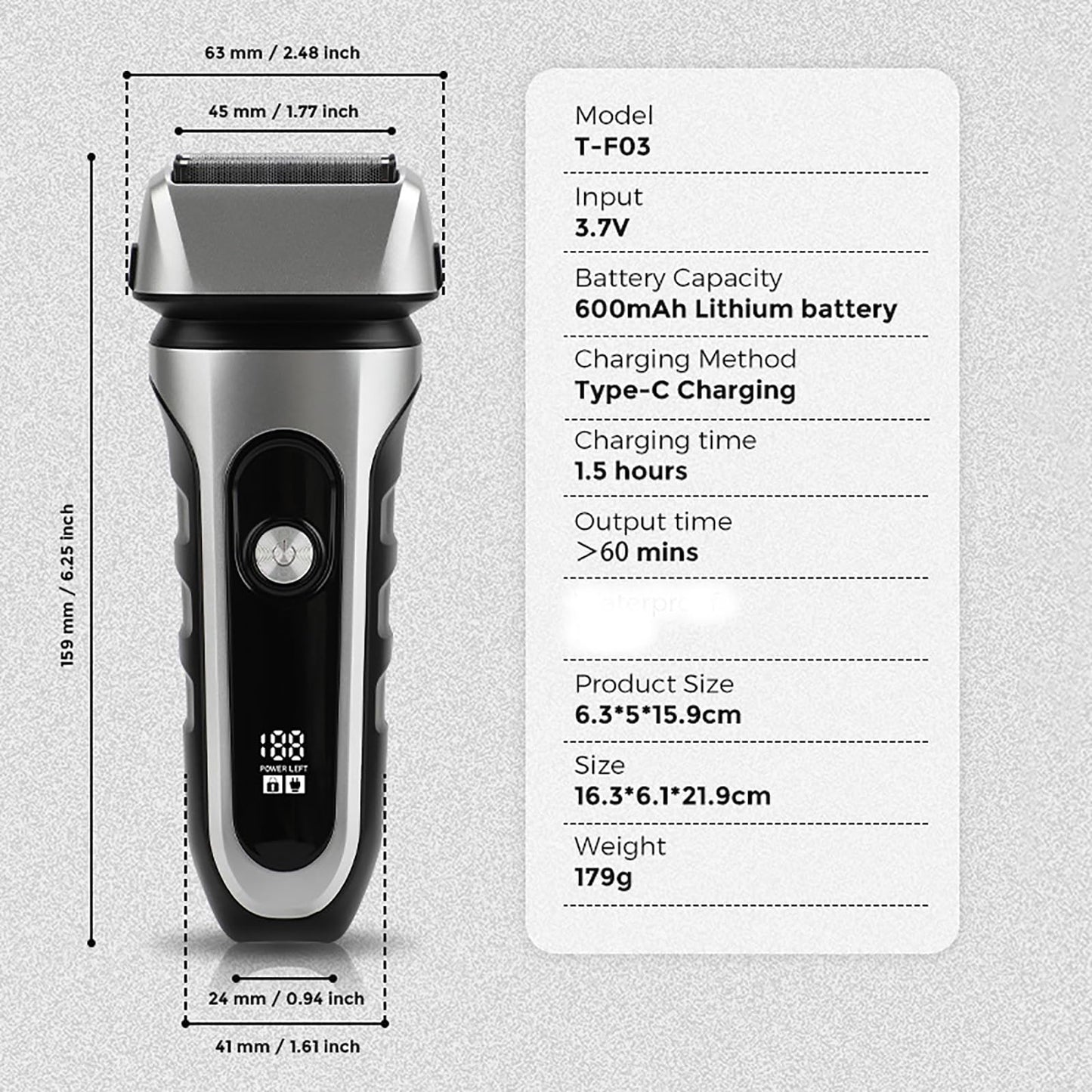 Famhnto Afeitadora Eléctrica de Láminas para Hombre, Recargable E Inalámbrica, con Cuchilla Desplegable para Patillas, para Uso En Seco Y Húmedo, Color Plateado