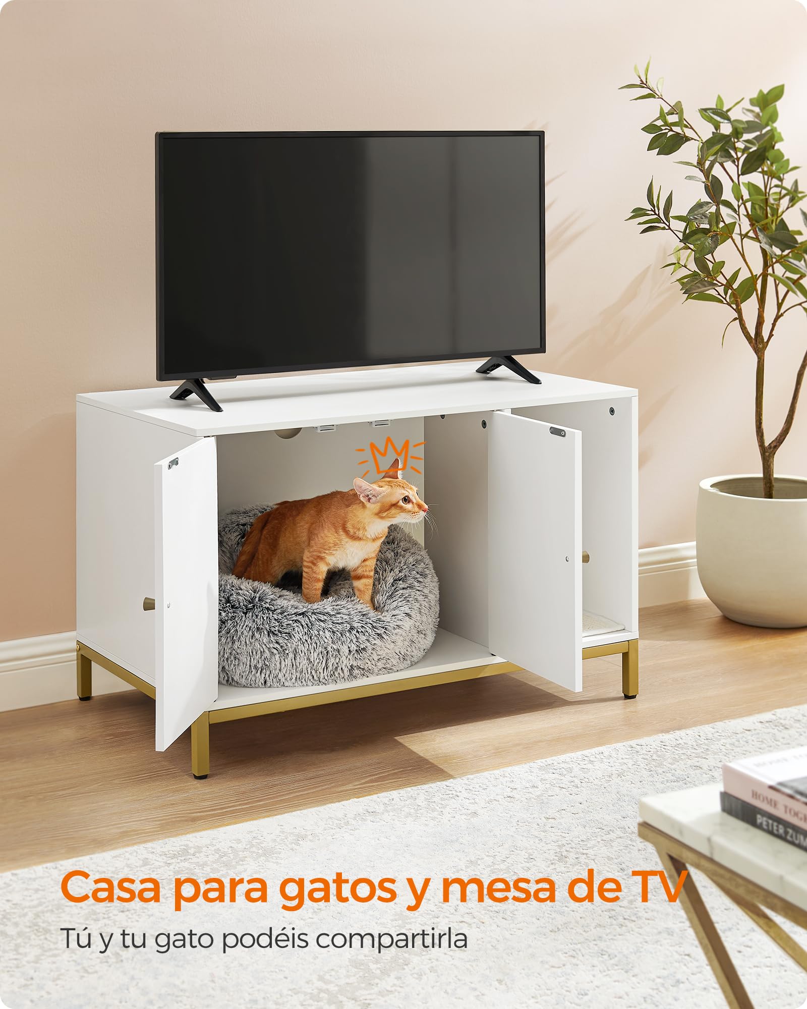 Feandrea Mueble Arenero, Mueble de Caja Arenero para Gatos,con Alfombrilla Rascadora, Patas Altas, 80 x 50 x 55 cm, Blanco y Dorado MPCL007W01