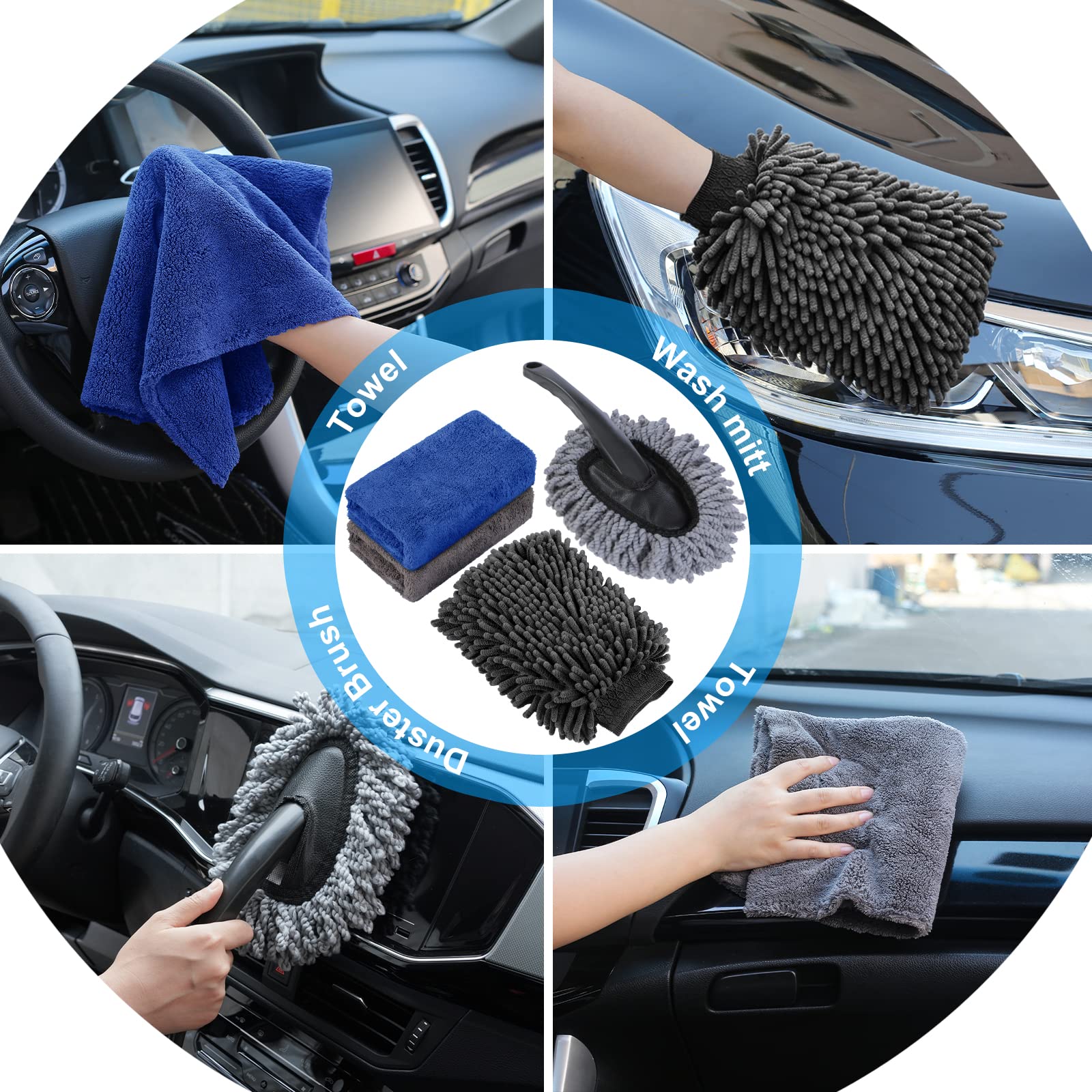AUTODECO - Kit de 41 piezas de limpieza de coche, kit de limpieza de detalles interiores con aspiradora de mano de alta potencia, cubeta plegable, herramienta para parabrisas, pala de nieve, cepillo