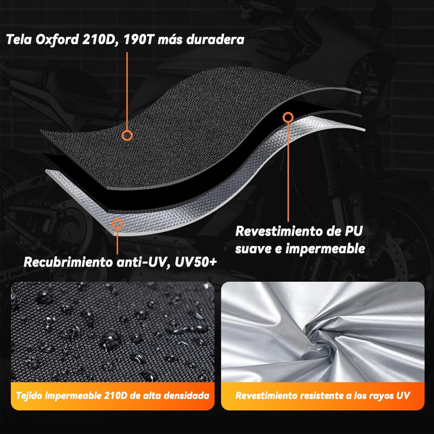 Funda para Moto Impermeable，Cubierta de motocicleta resistente de tela Oxford 210D,Anti-UV Anti Desgarro Universal con Bolsa de Almacenamiento con 4 Tiras Reflectantes y 2 Orificios para Cerradura