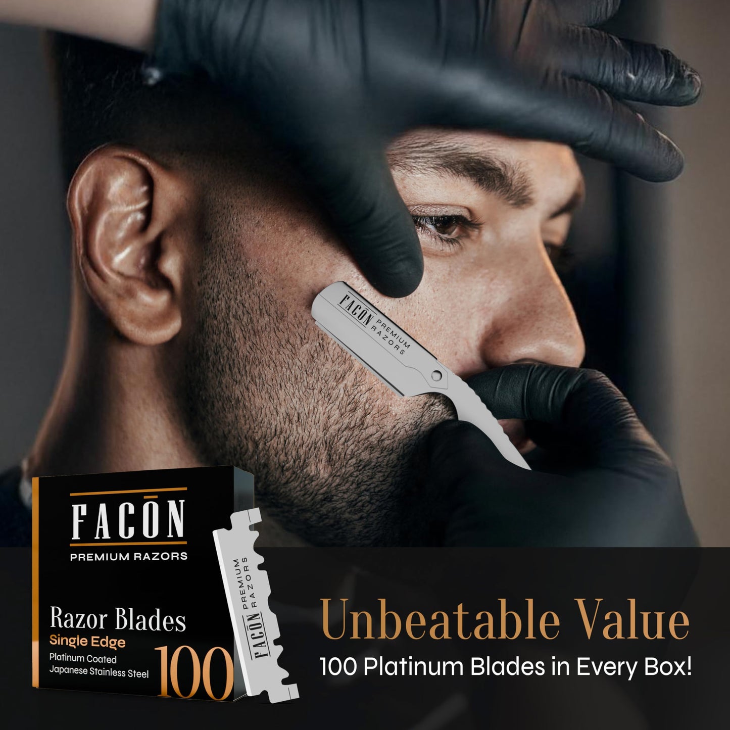 100 Blades + Facón Classic Professional Straight Edge Barber Razor - Salon Quality Cut Throat Shavette