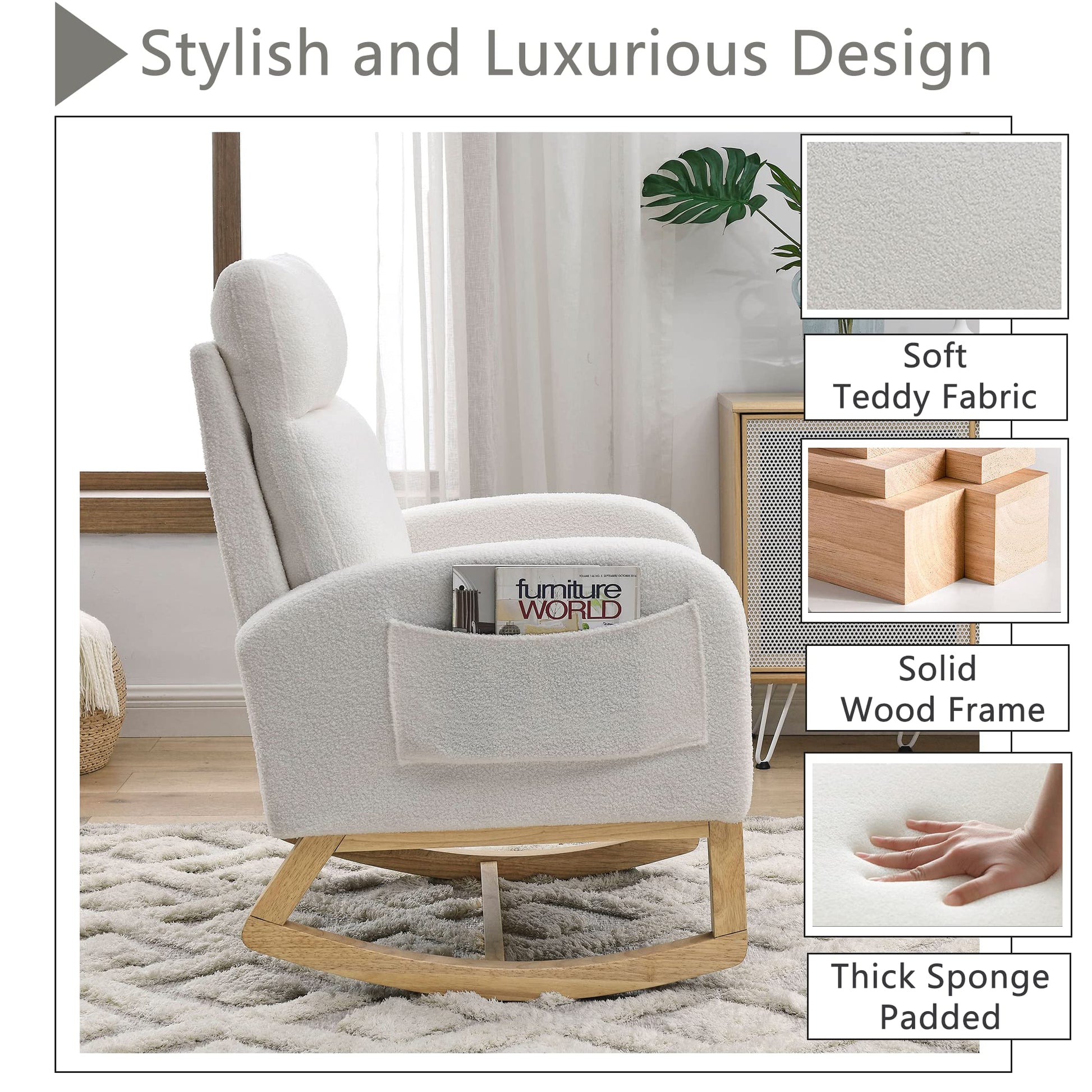 Krinana - Mecedora de guardería con patas de madera maciza, silla planeadora para guardería con dos bolsillos laterales, sillón basculante para sala de estar, recámara (blanco marfil, tela de peluche)