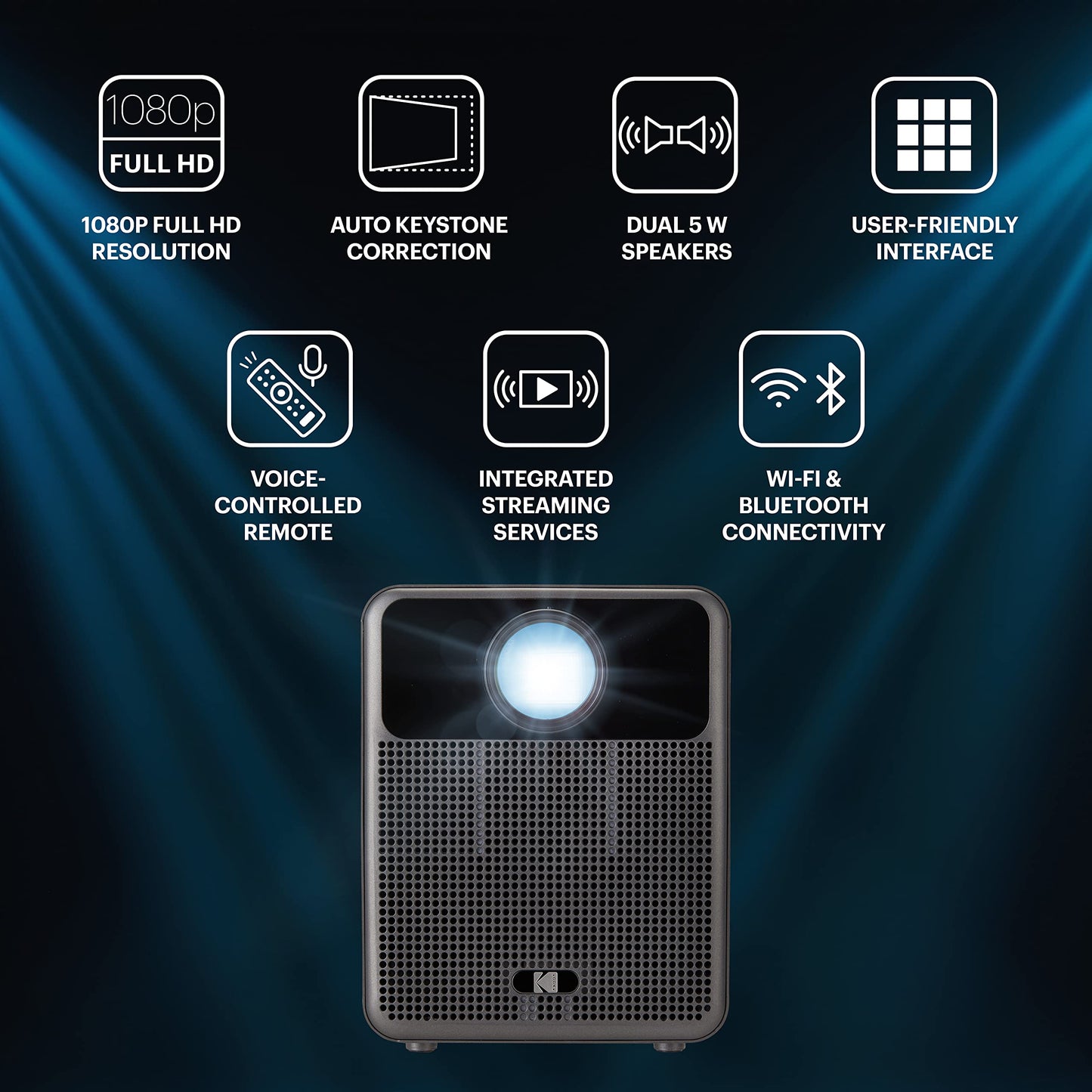 KODAK FLIK HD10 Proyector inteligente con Android TV, 1080p Full HD portátil WiFi Proyector Bluetooth, Netflix y YouTube, Google Assistant Remote, iOS y Android Mirroring