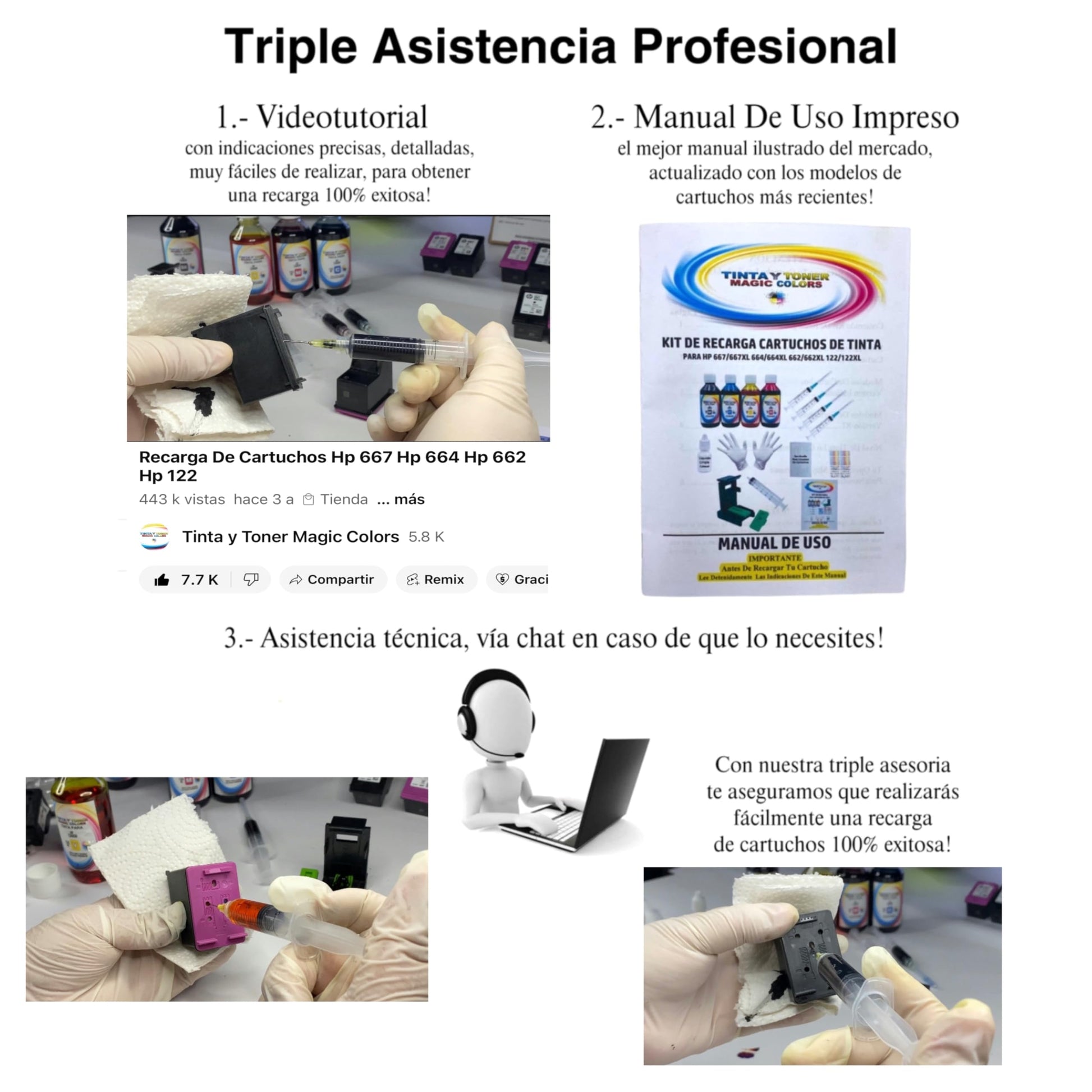 Genérico Kit Recarga de Tinta Compatible para Cartucho HP 667/664/662/122 Incluye 4 Botellas De Tinta Dye de 60ML c/u