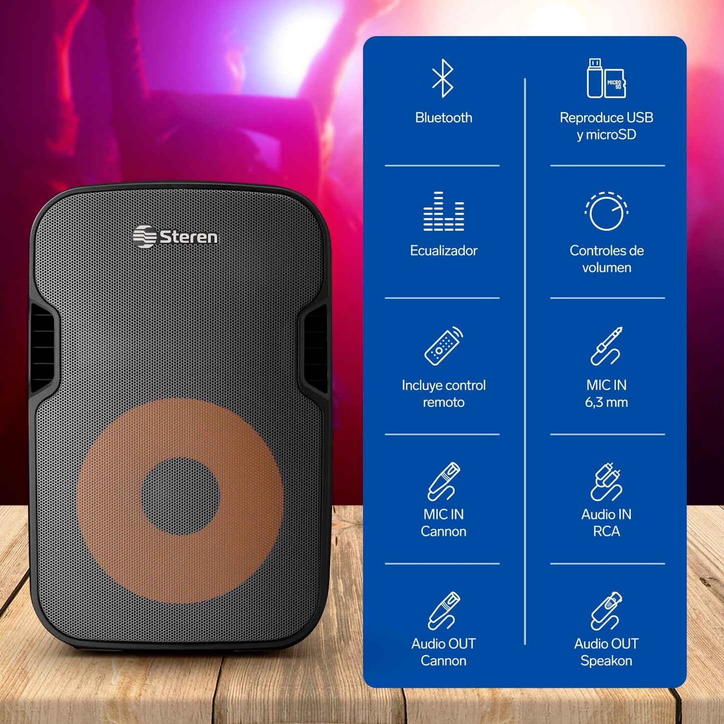 STEREN BAF-1555BT Bafle 15" 3000 W PMPO Bluetooth woofer y Tweeter, MP3 por microSD o USB, Entrada AUX RCA, 6,3 mm para Mic, Crossover, Salida Speakon, Ruedas y agarraderas, Orificio para Pedestal