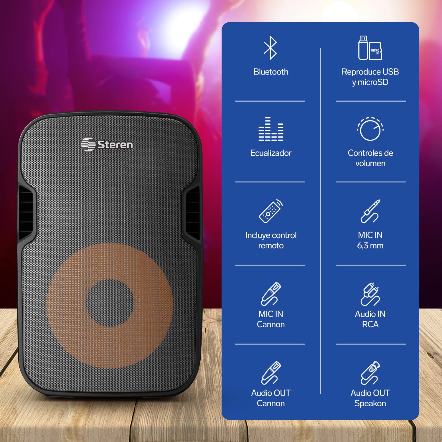 STEREN BAF-1555BT Bafle 15" 3000 W PMPO Bluetooth woofer y Tweeter, MP3 por microSD o USB, Entrada AUX RCA, 6,3 mm para Mic, Crossover, Salida Speakon, Ruedas y agarraderas, Orificio para Pedestal