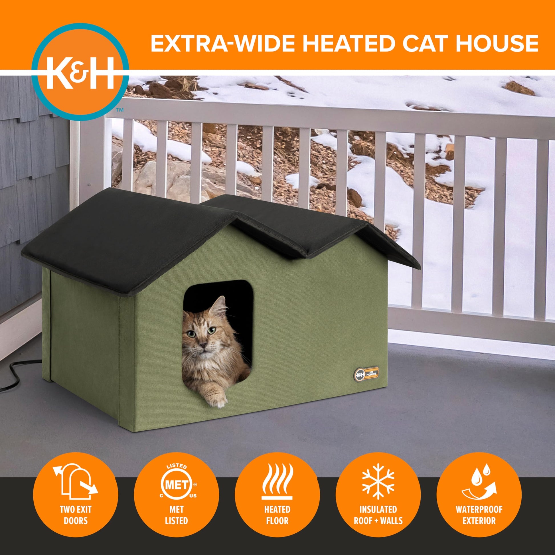 K&H PET PRODUCTS Casa de Gatito climatizada al Aire Libre Extra Ancha Verde Oliva 66.5 x 15.5 x 21.5 Pulgadas