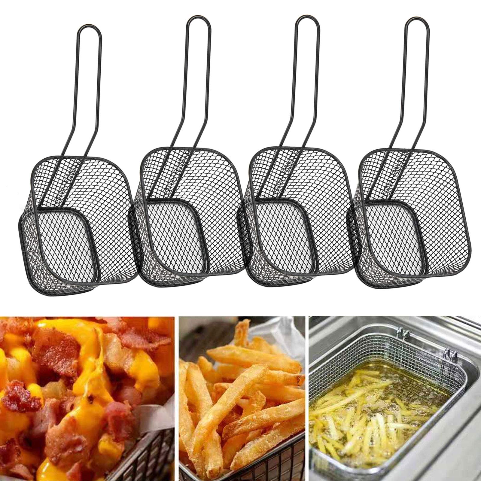 Cesta de Papas Fritas Cestas de Papas Fritas 4 Piezas Cesta de Red para Freír de Acero Inoxidable Colador de Cocina para Papas Fritas Comida Herramienta de Cocina(Negro)