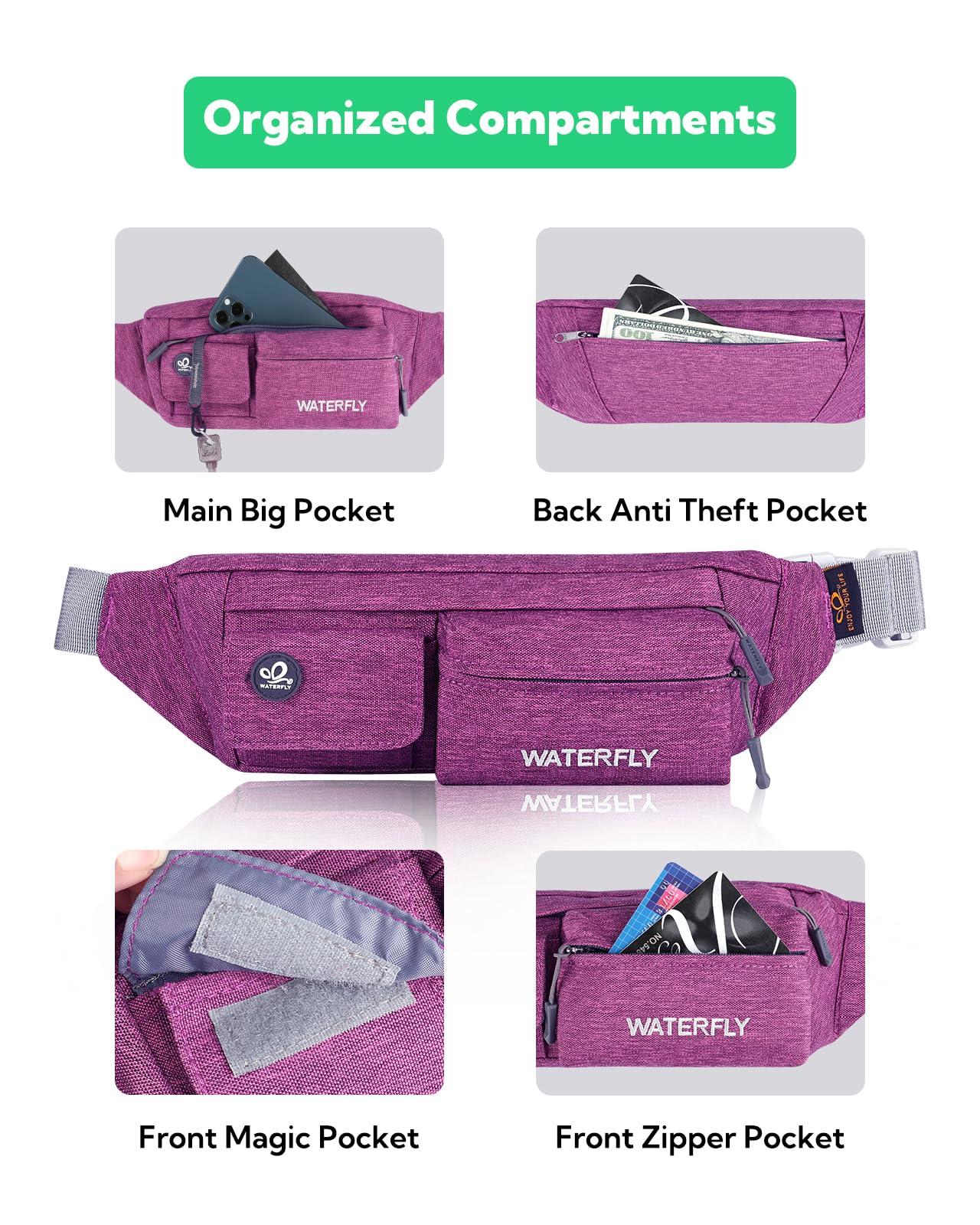 Riñonera Waterfly Beige delgada Resistente al Agua para Hombre y Mujer Deportiva Ciclismo Senderismo Correr Viajar