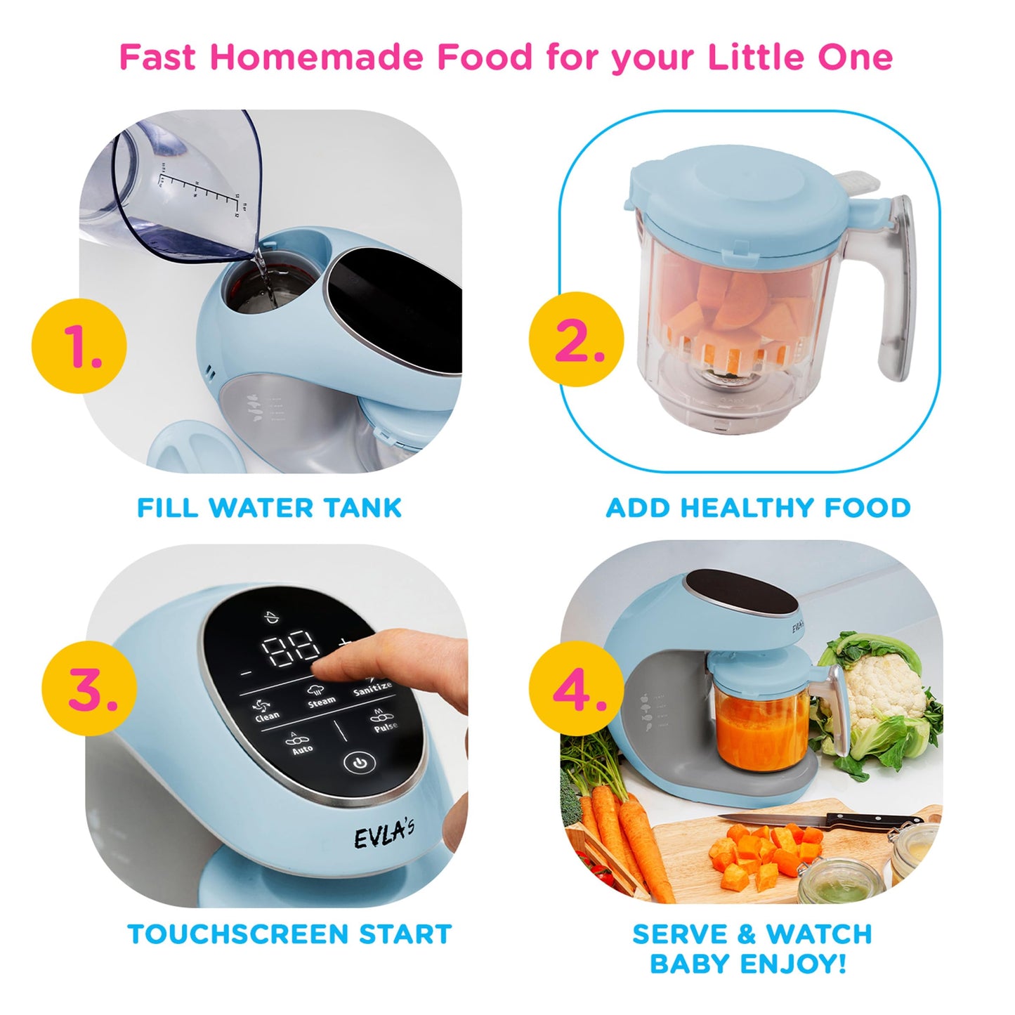 EVLA'S - Máquina para hacer alimentos para bebés, vaporizador, licuadora, procesador de alimentos para bebés para alimentos saludables caseros en minutos, visualización táctil con 6 bolsas de